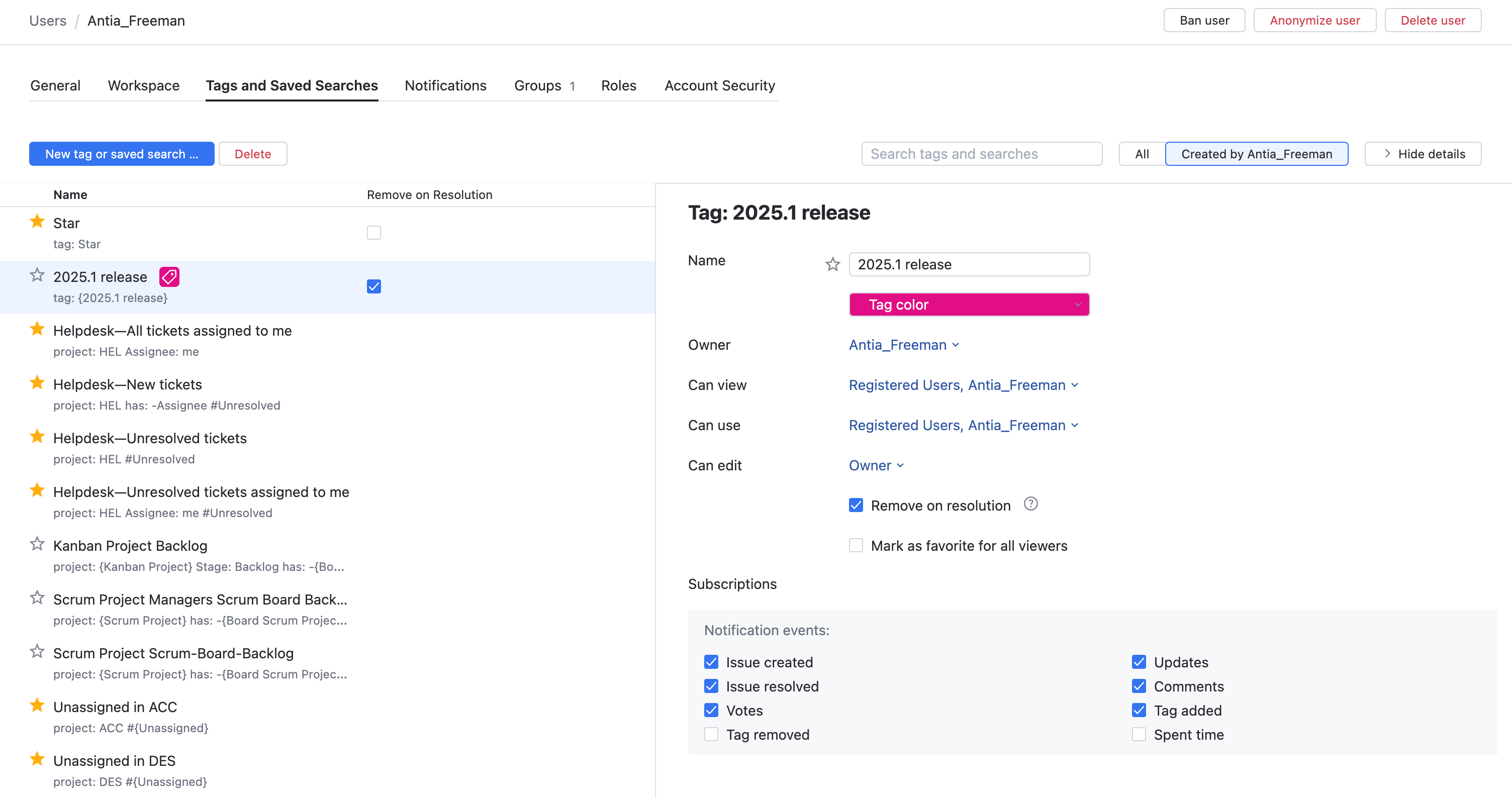 Tags and saved searches admin Tags and saved searches admin