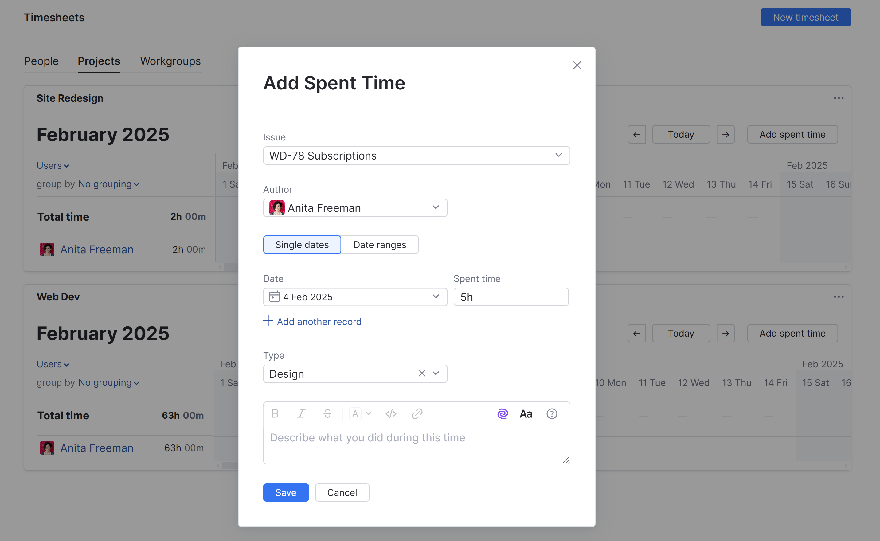 The dialog for adding spent time to a specific project. The dialog for adding spent time to a specific project.