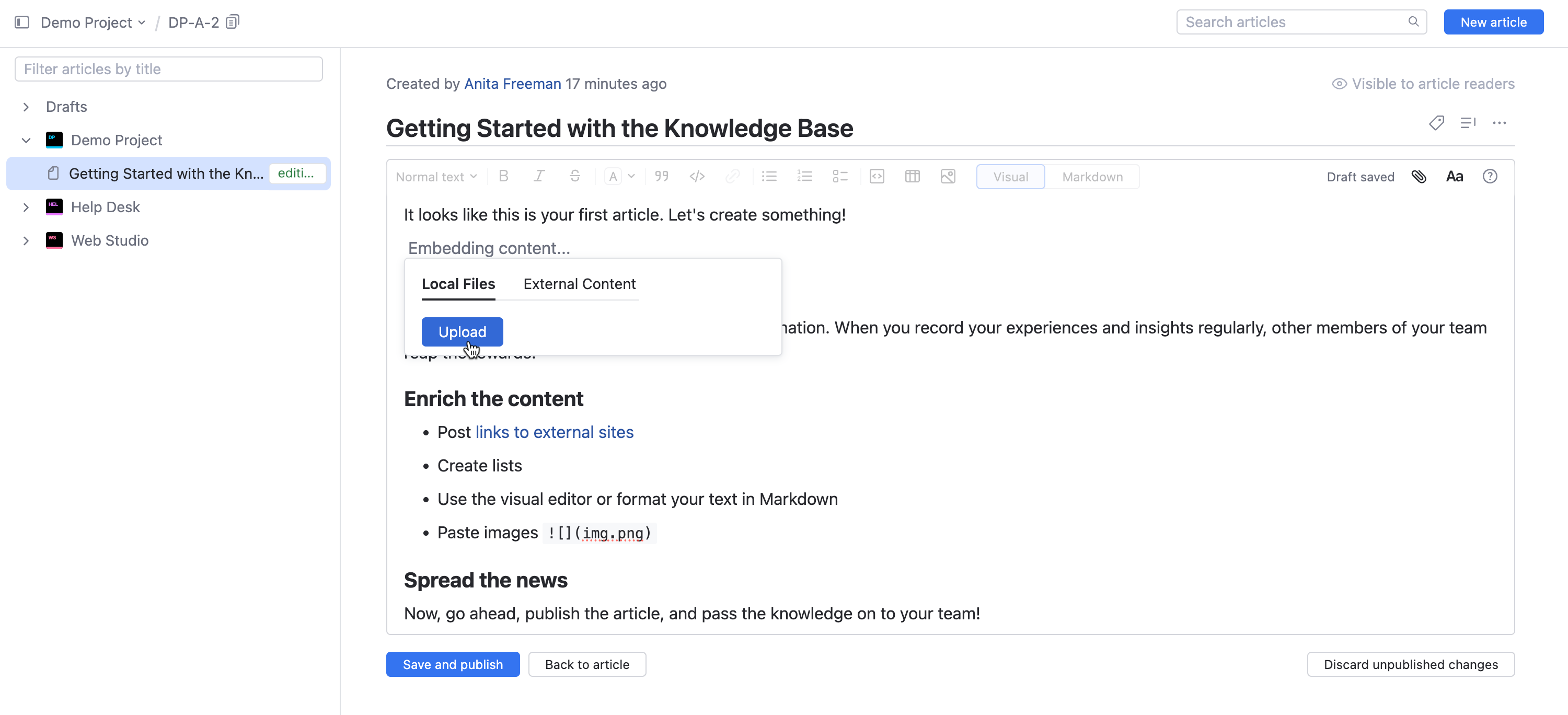 Upload files to an article. Upload files to an article.