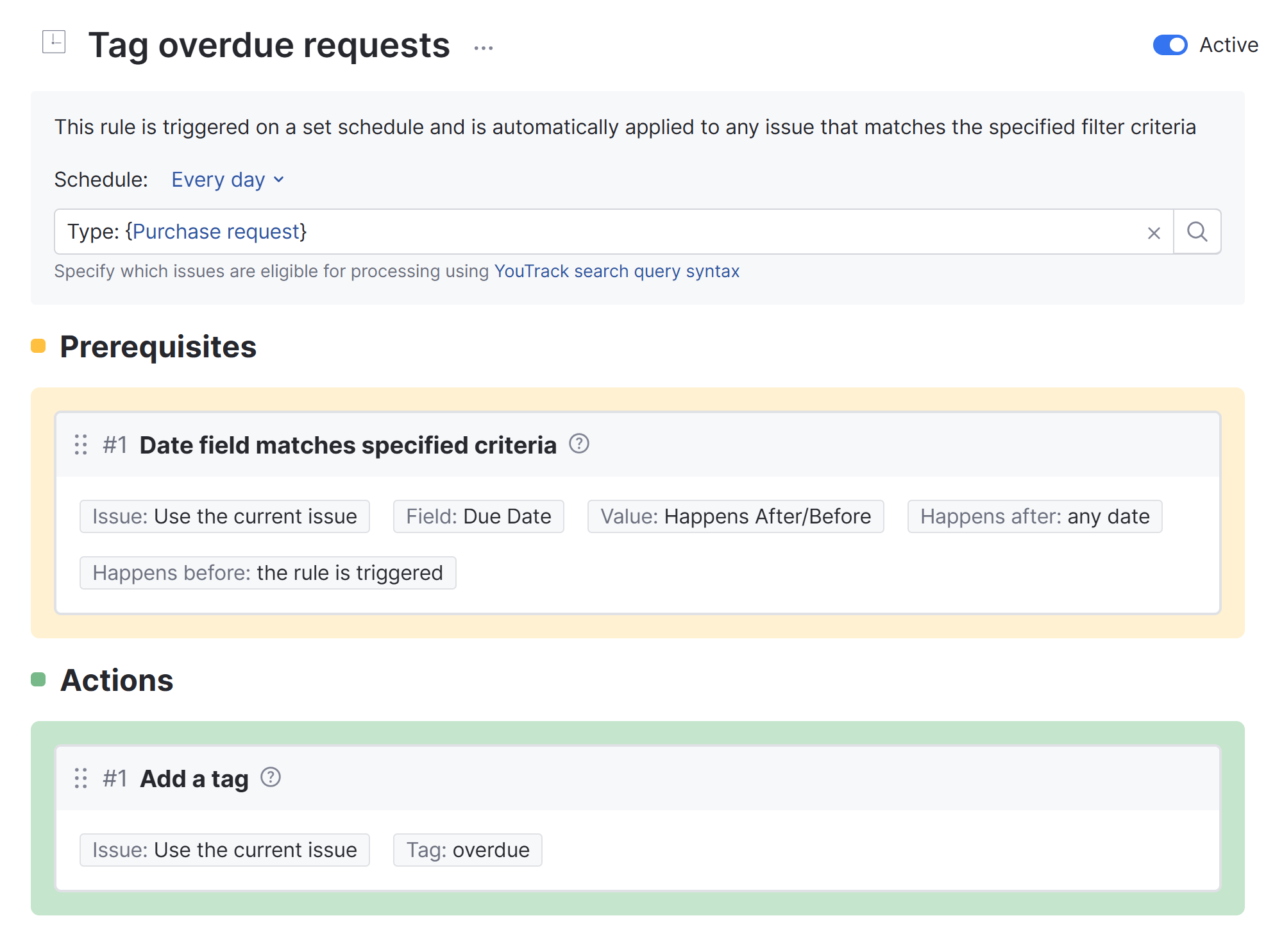 ワークフローコンストラクターのサンプルオンスケジュールルール。 A sample on-schedule rule in the workflow constructor.