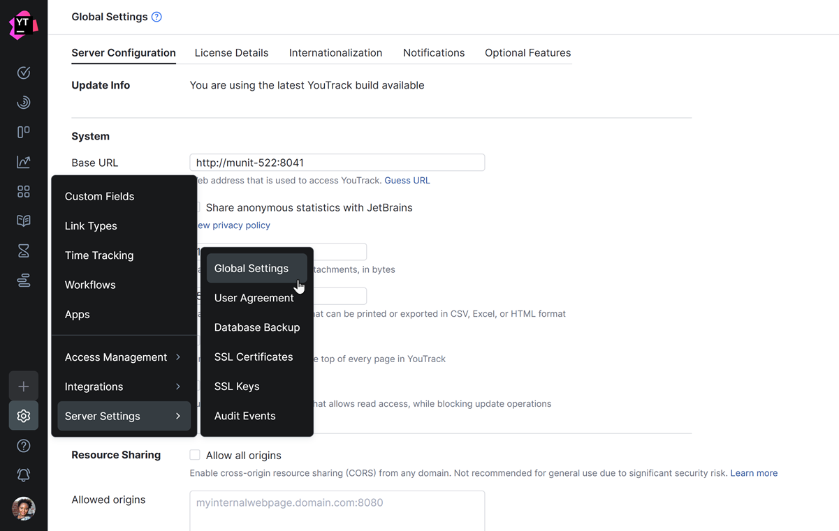 The Server Settings section of the Administration menu in YouTrack. The Server Settings section of the Administration menu in YouTrack.