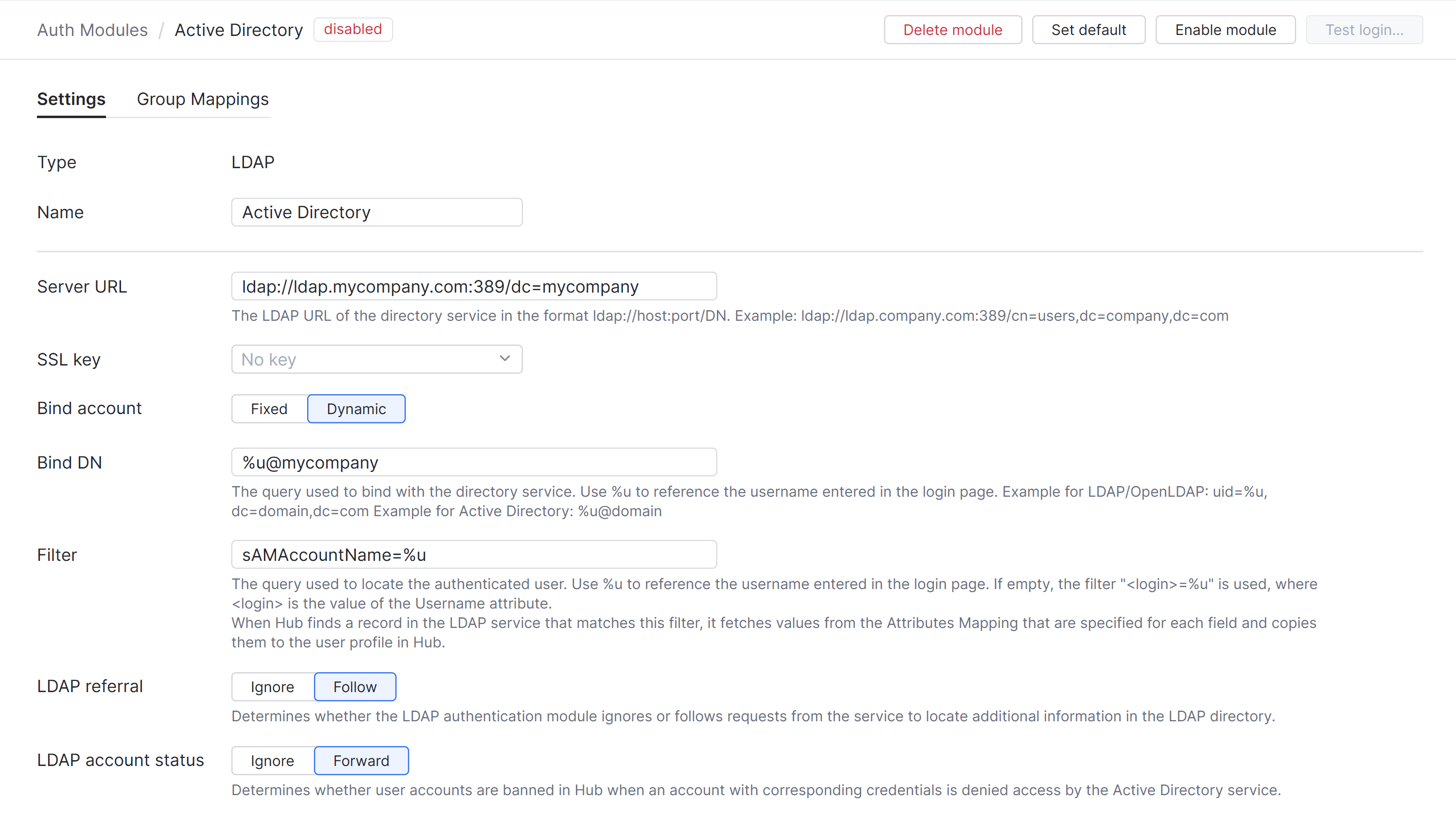 Active directory auth module settings Active directory auth module settings