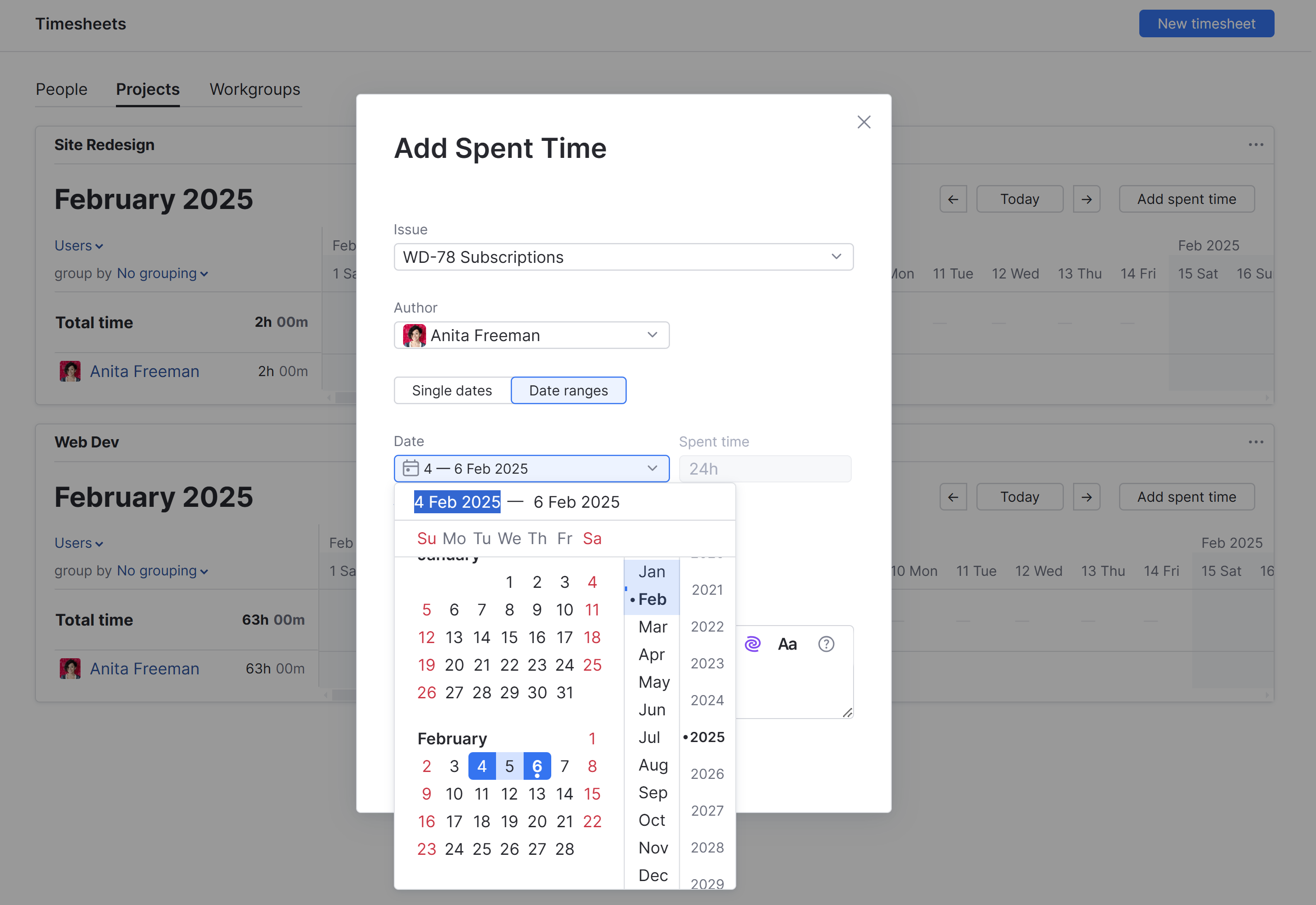 Add spent time for a range of dates. Add spent time for a range of dates.