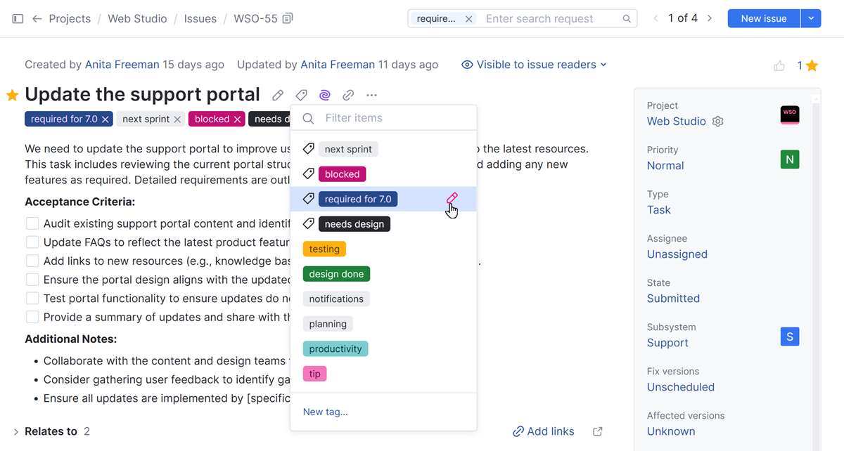 Add tag button in the toolbar of the quick issue view Add tag button in the toolbar of the quick issue view