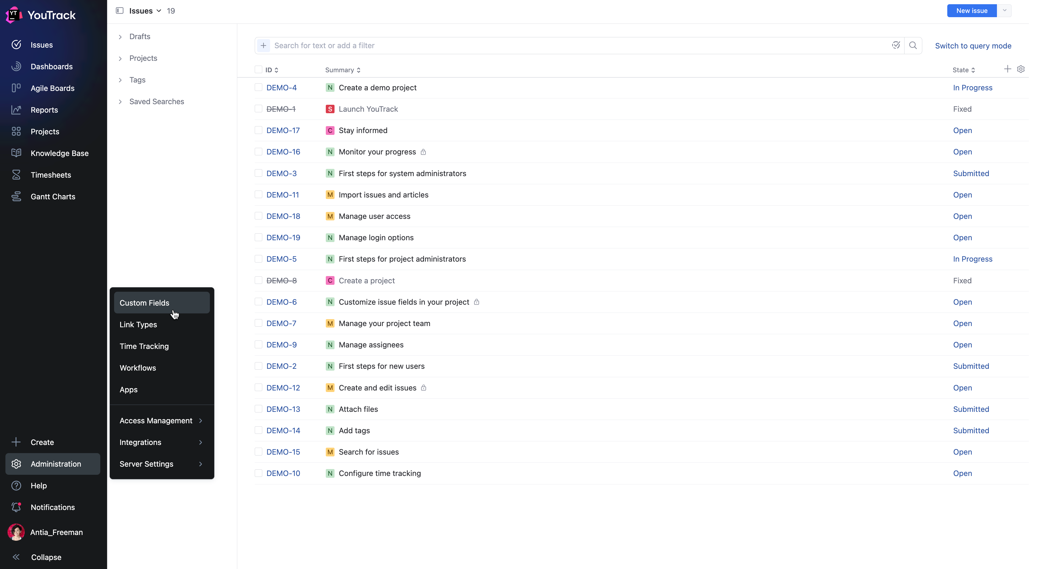 The Administration menu in YouTrack. The Administration menu in YouTrack.