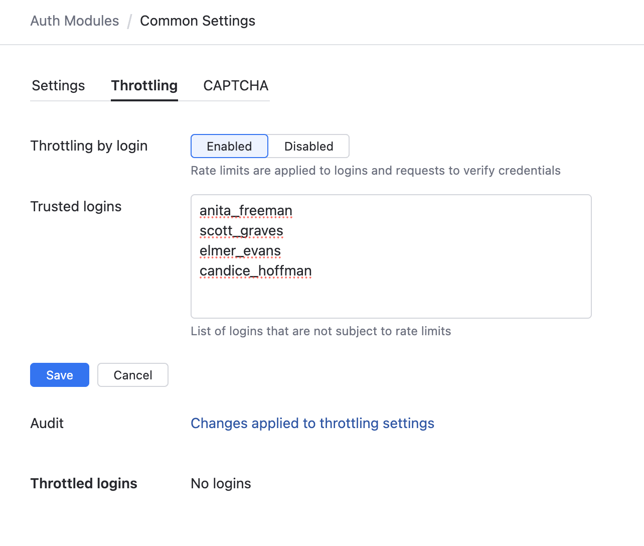 Auth module common settings throttling Auth module common settings throttling