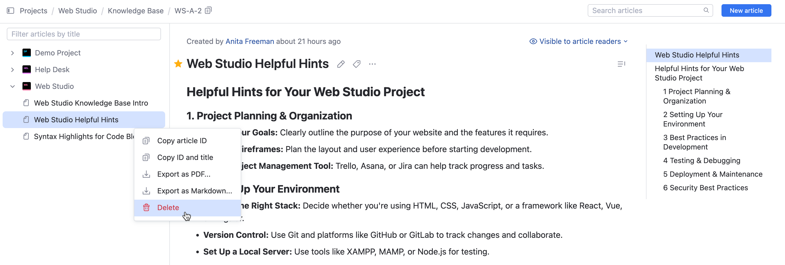 New Article button in the header. New Article button in the header.