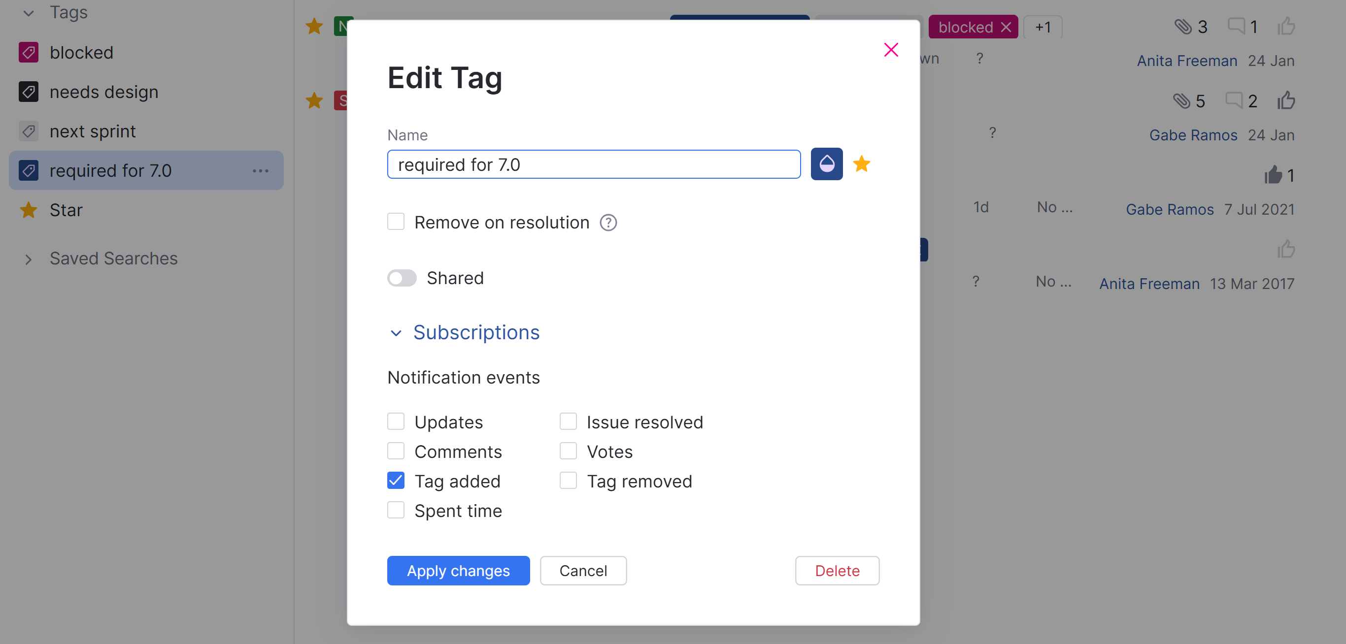 Edit Tag dialog Edit Tag dialog