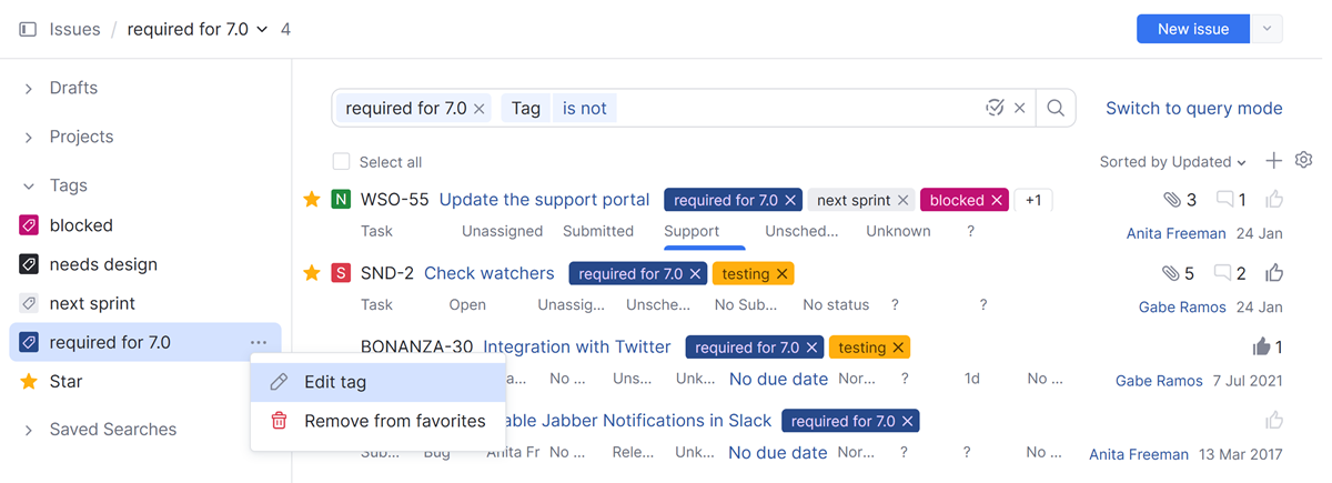 Edit tag options in the sidebar on the Issues list. Edit tag options in the sidebar on the Issues list.