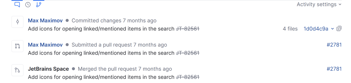 References to pull requests in the activity stream of an issue. References to pull requests in the activity stream of an issue.