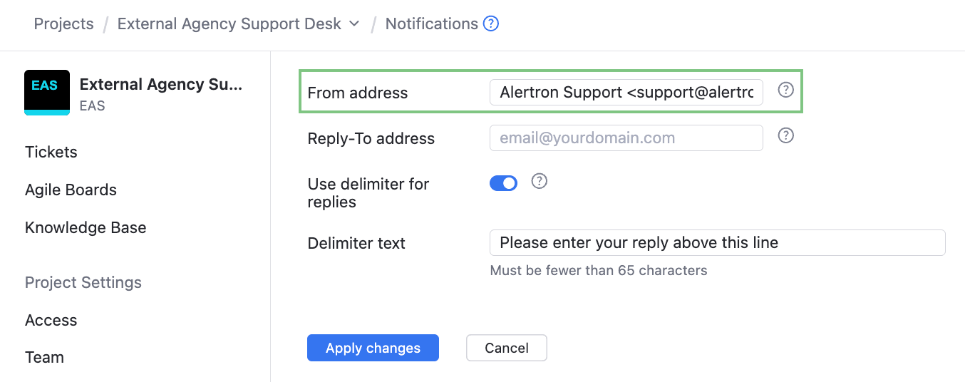 The setting for storing a custom from address in a helpdesk project. The setting for storing a custom from address in a helpdesk project.