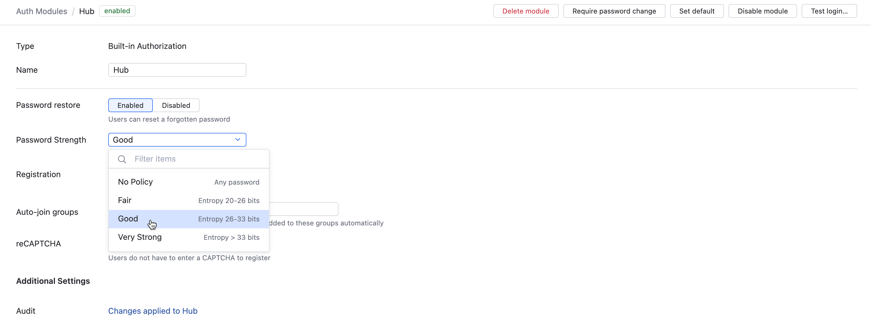 Hub auth module password strength setting Hub auth module password strength setting