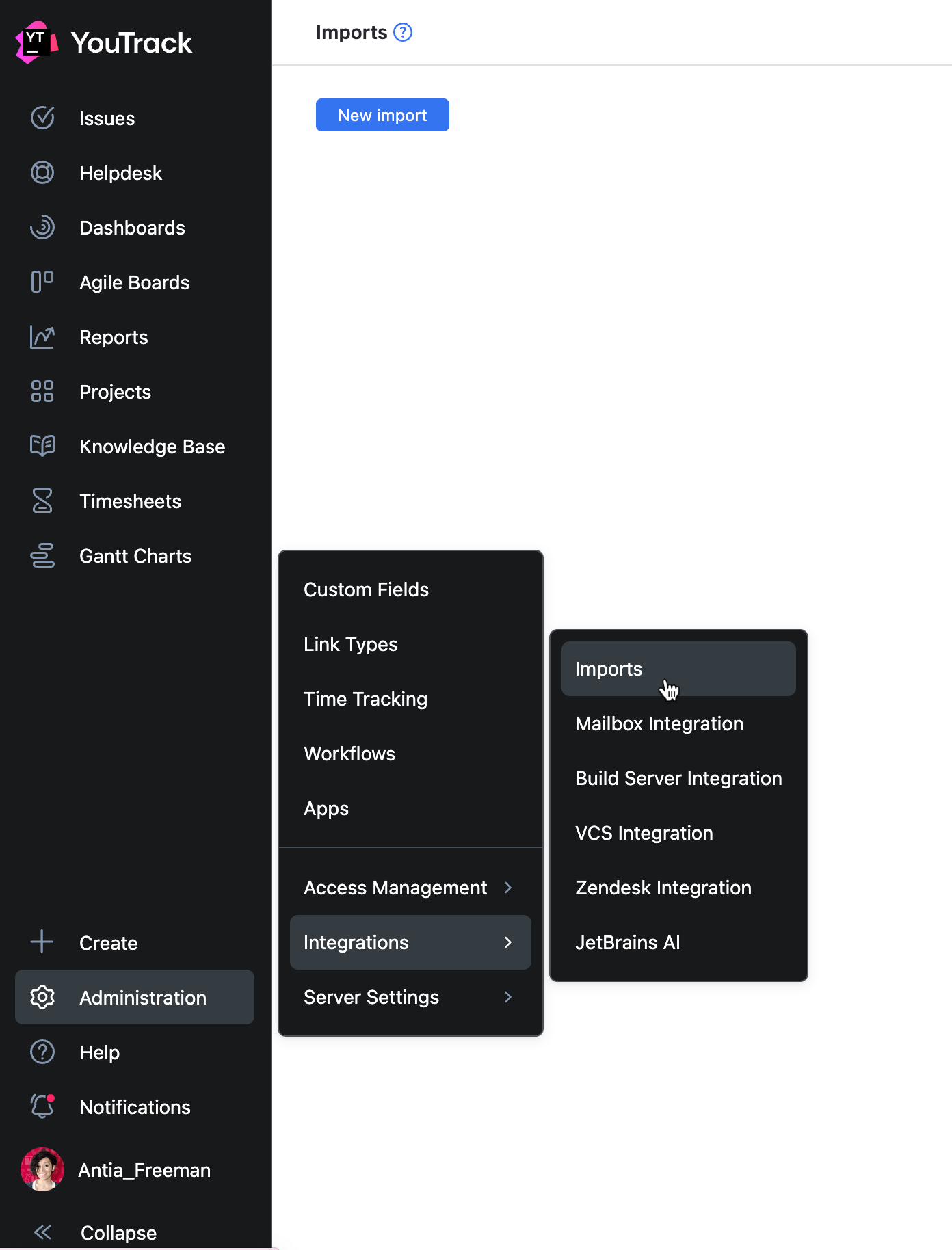 Imports page in YouTrack. Imports page in YouTrack.