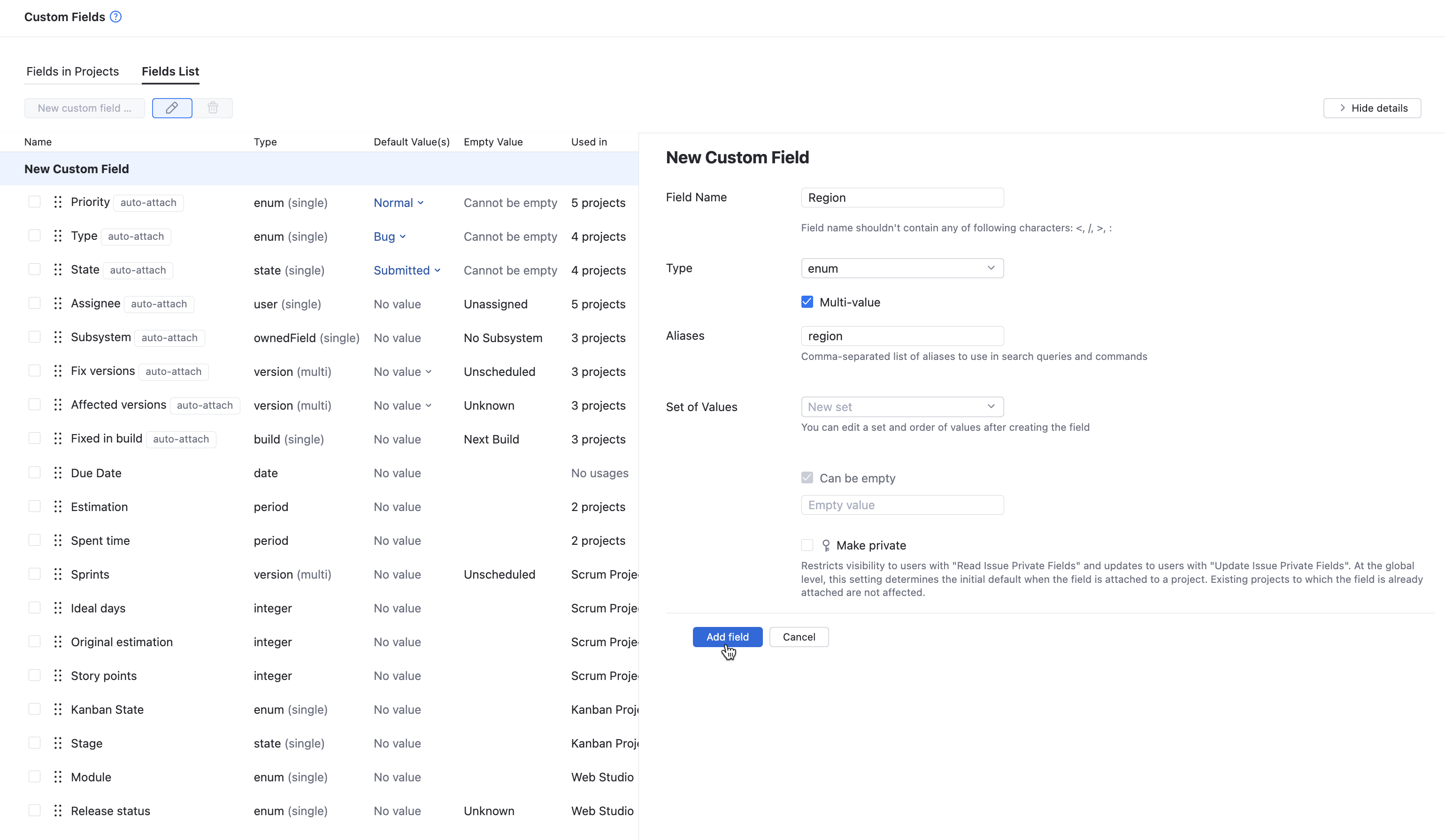 new custom field with enumerated type new custom field with enumerated type
