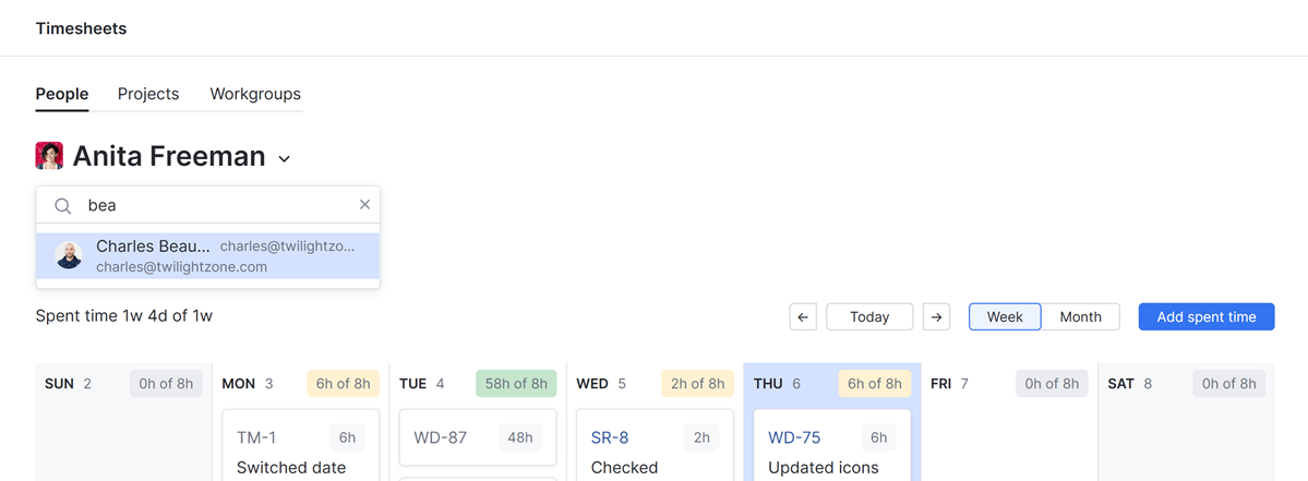 A drop-down menu that lets you view timesheets for other users. A drop-down menu that lets you view timesheets for other users.