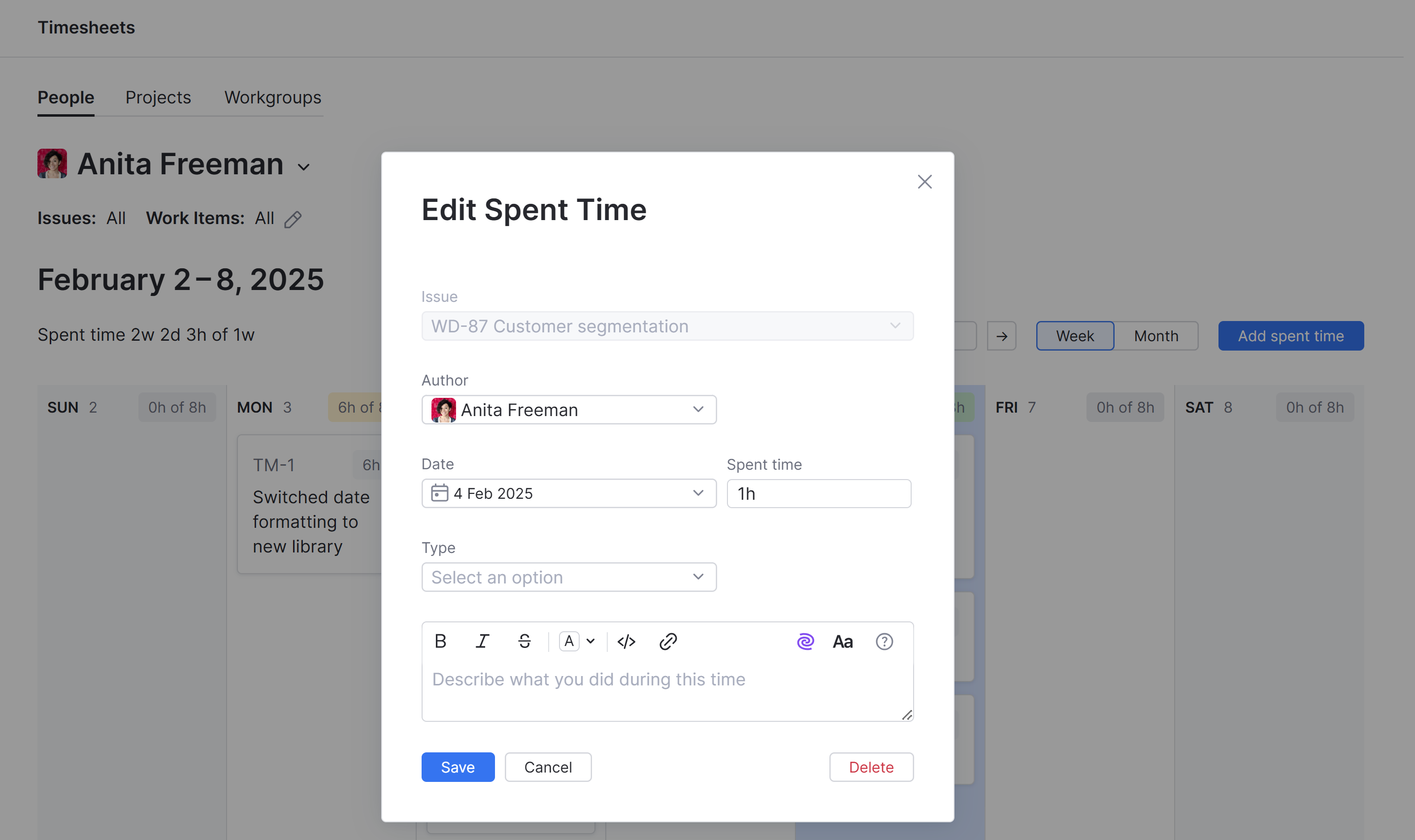 The dialog for editing spent time in the calendar view. The dialog for editing spent time in the calendar view.