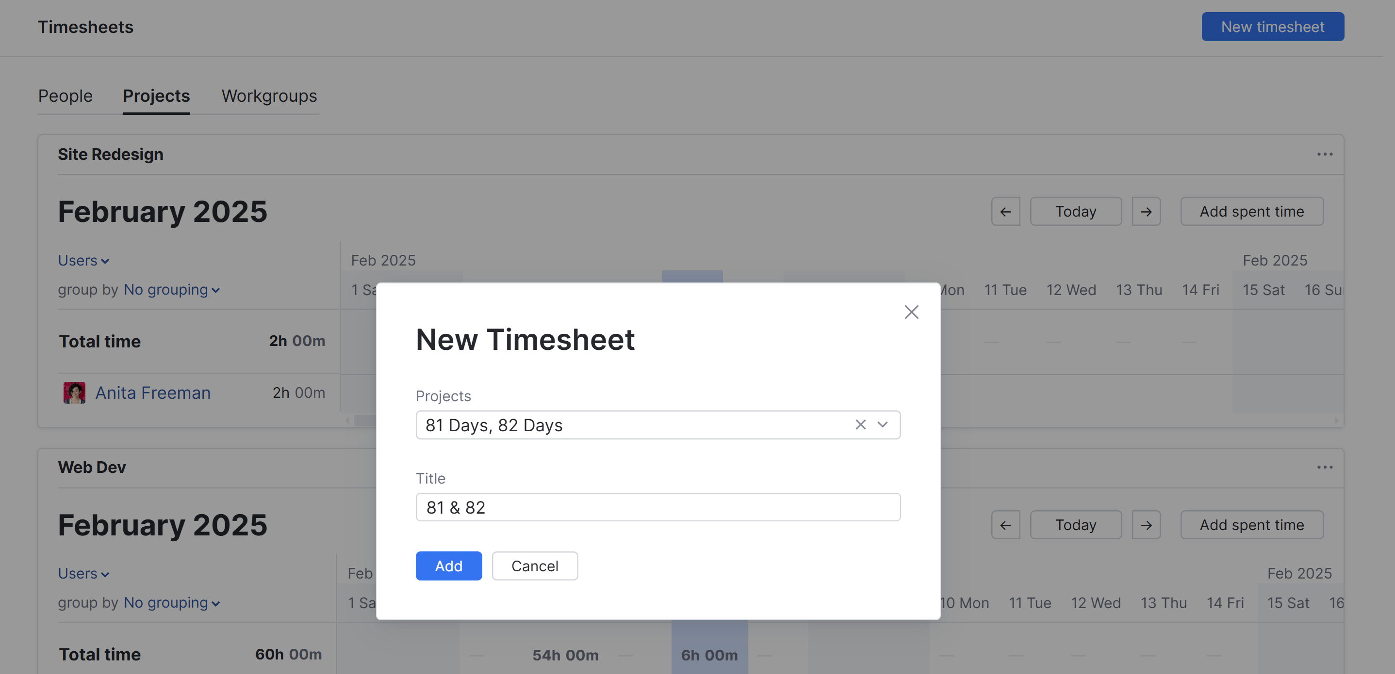 A dialog that lets you add a timesheet for selected projects. A dialog that lets you add a timesheet for selected projects.