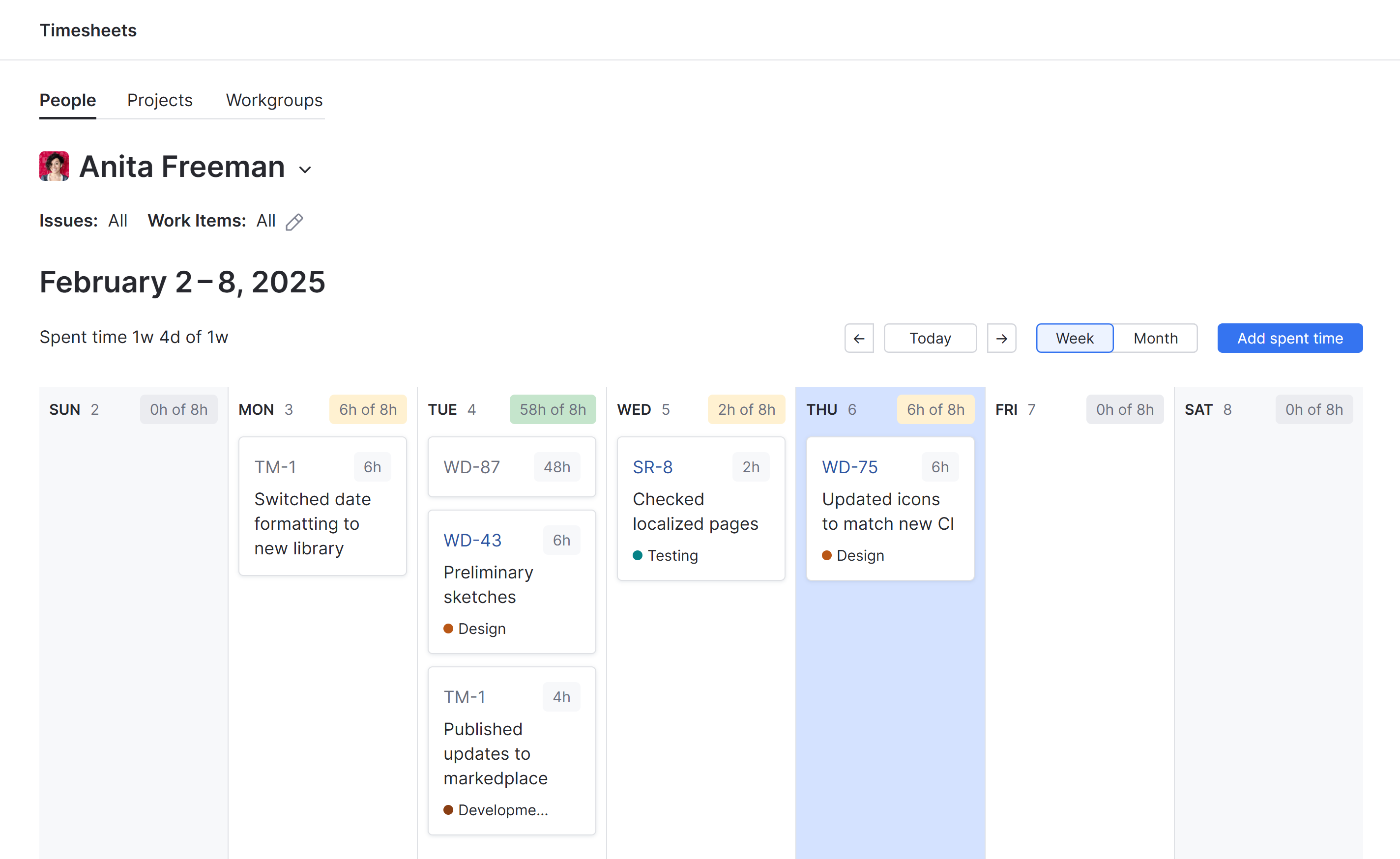 A timesheet that displays work activity for the selected user account. A timesheet that displays work activity for the selected user account.