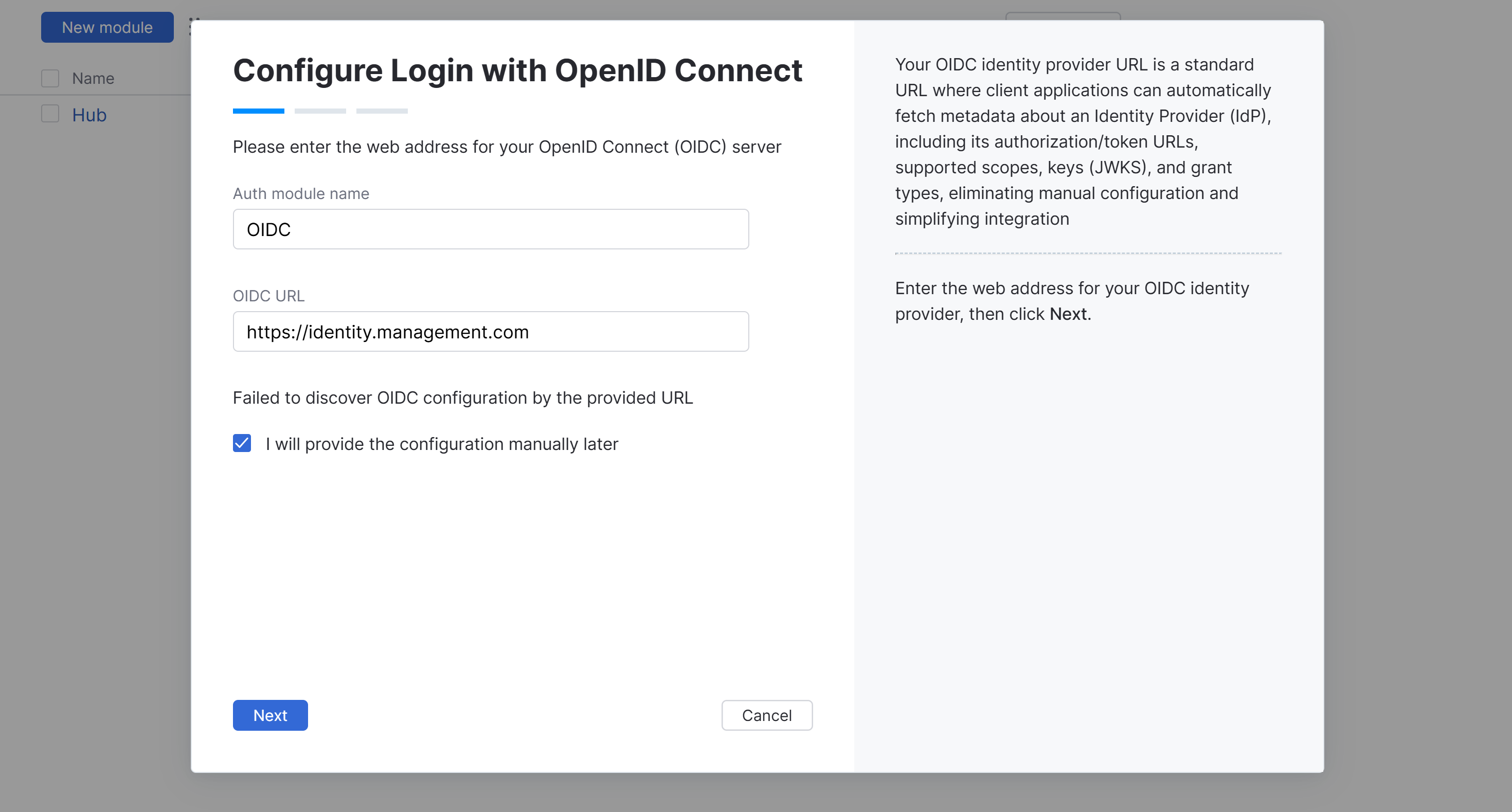 Wizard step when OIDC configuration discovery failed.