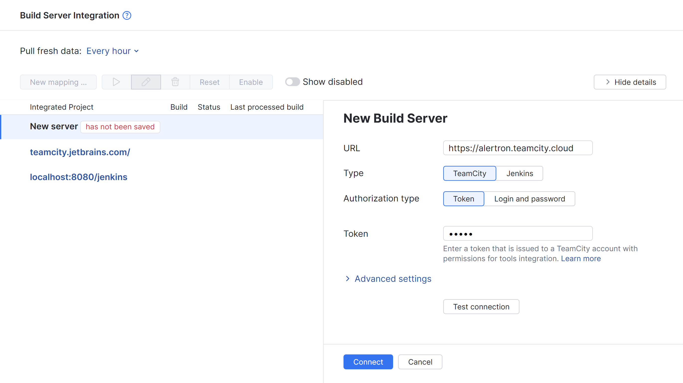 Settings for adding an integration with a new TeamCity server. Settings for adding an integration with a new TeamCity server.