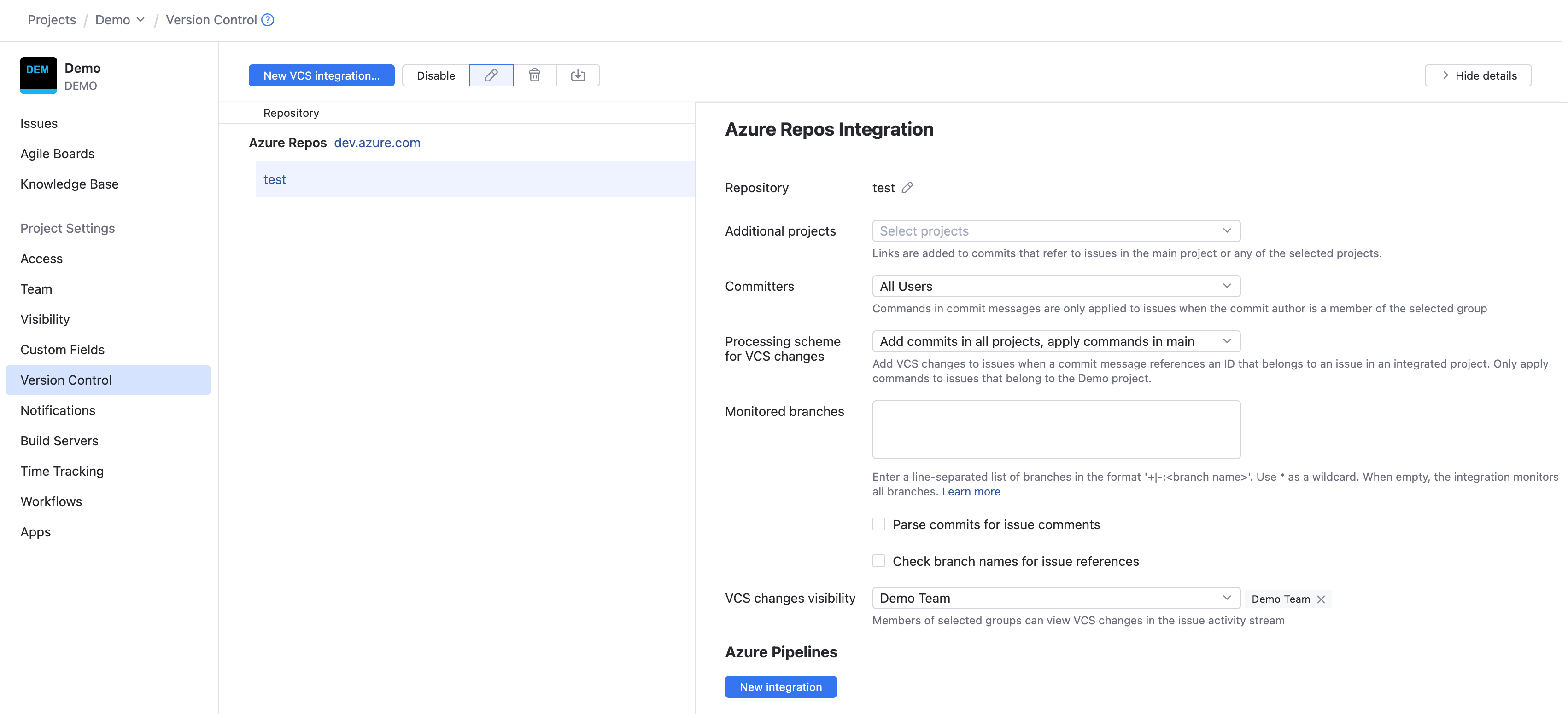 Azure Repos integration settings Azure Repos integration settings