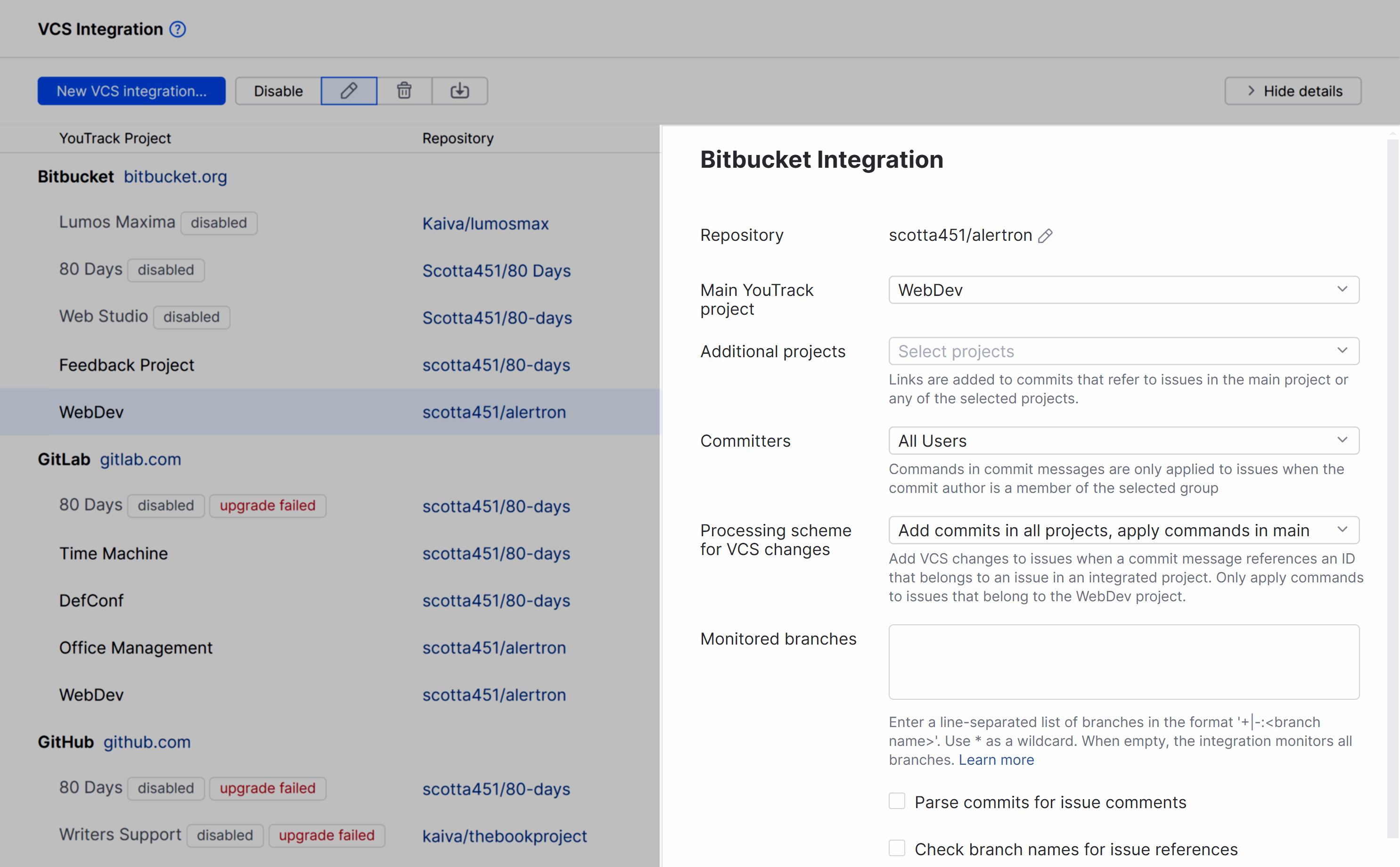 Bitbucket integration settings Bitbucket integration settings