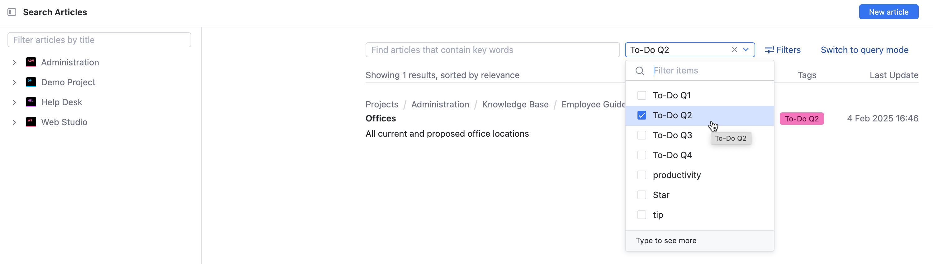 Filtering for articles by tag.