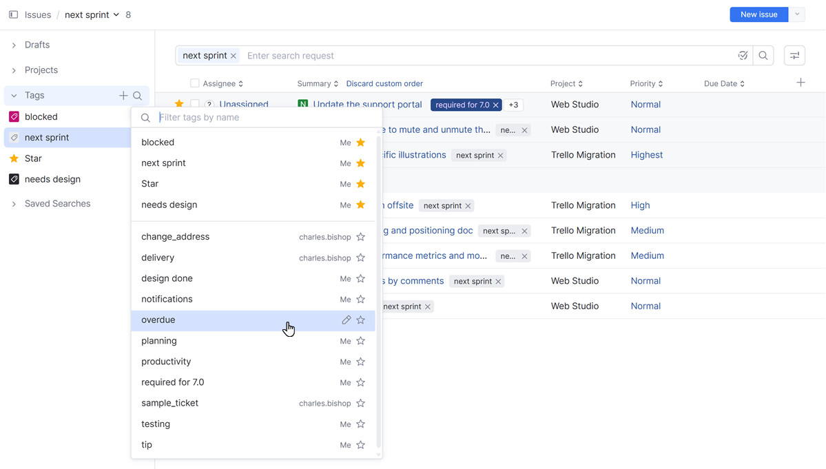 The panel for managing favorite projects in the list of issues.