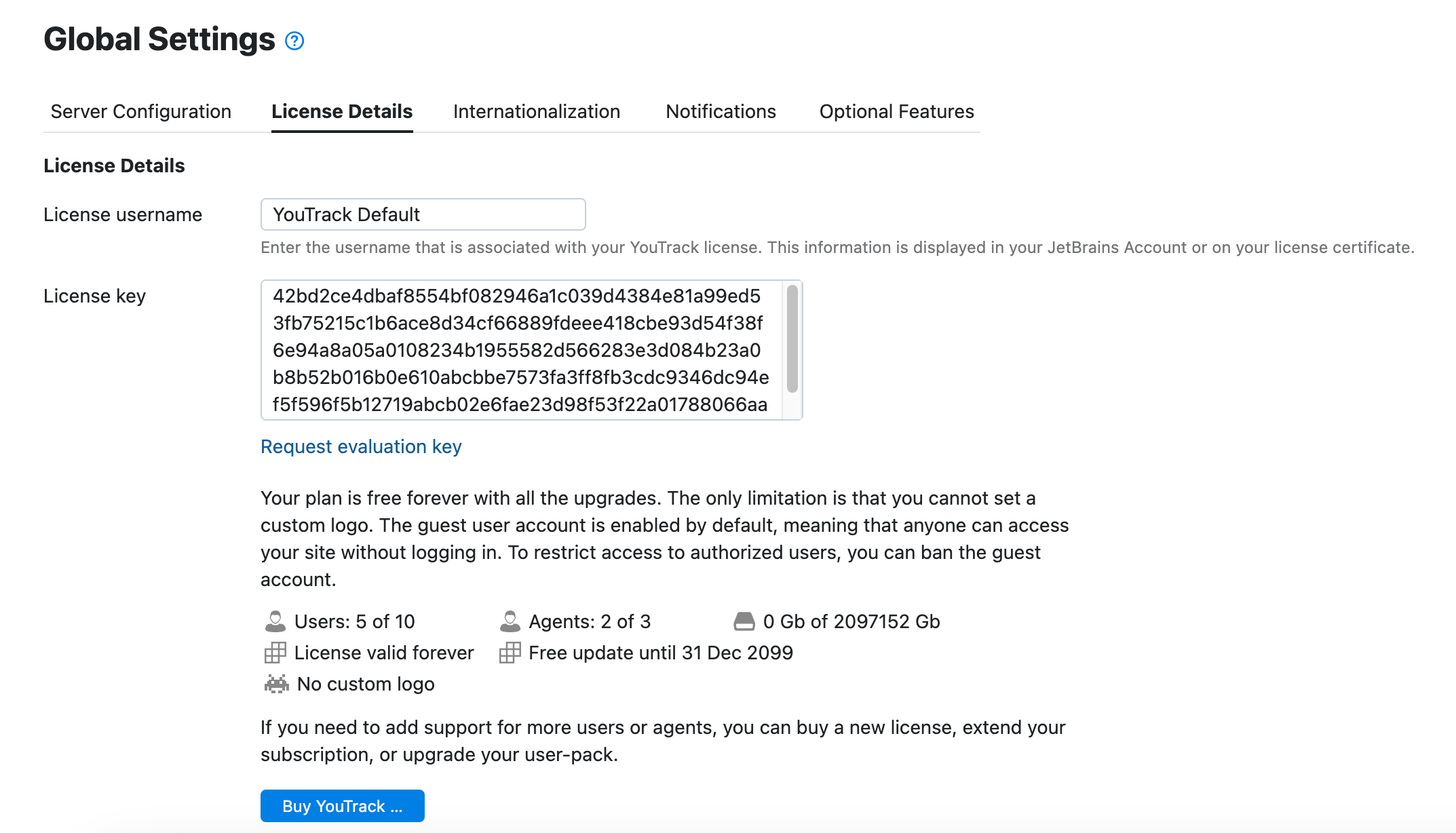 License details showing agent user allocation for a YouTrack Server installation. License details showing agent user allocation for a YouTrack Server installation.