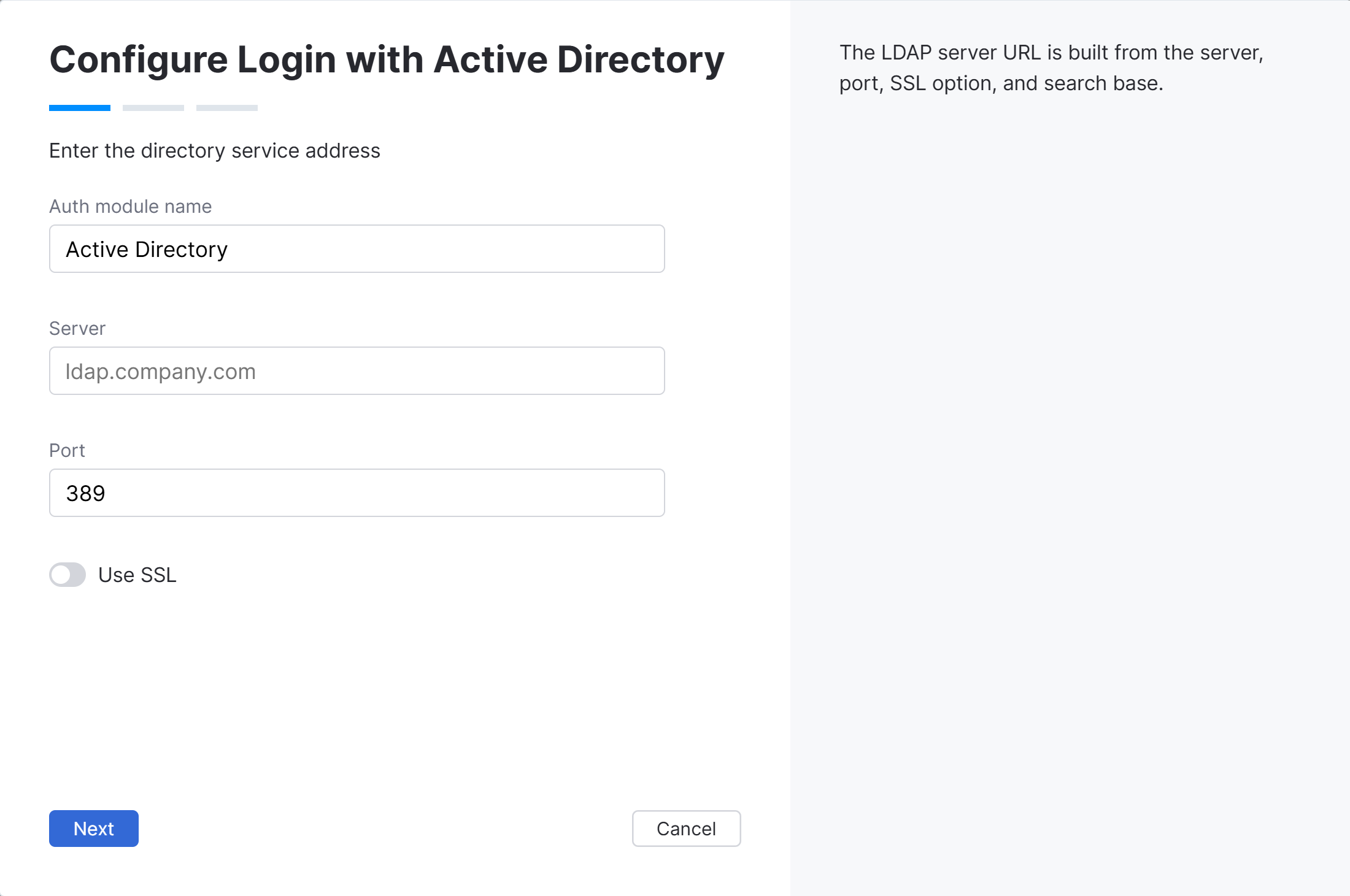 Wizard step for Active Directory server address.