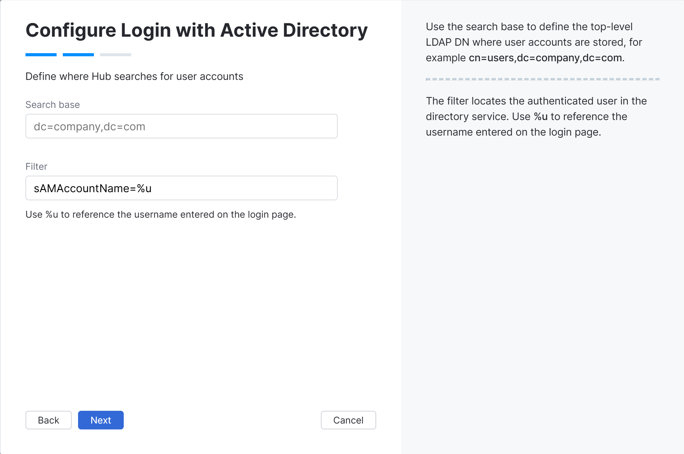Wizard step for Active Directory search base and filter.