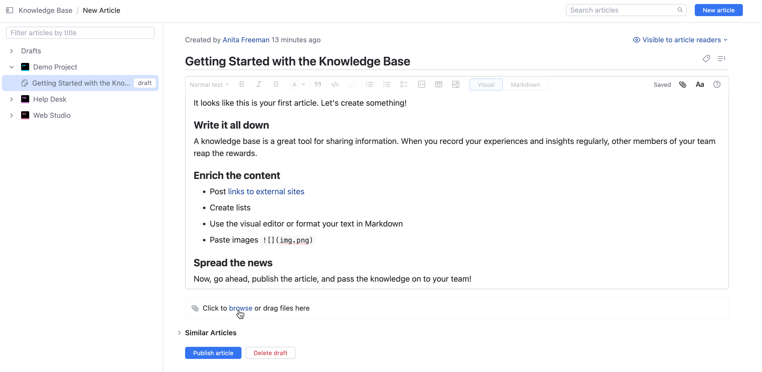Browse and attach files to article. Browse and attach files to article.