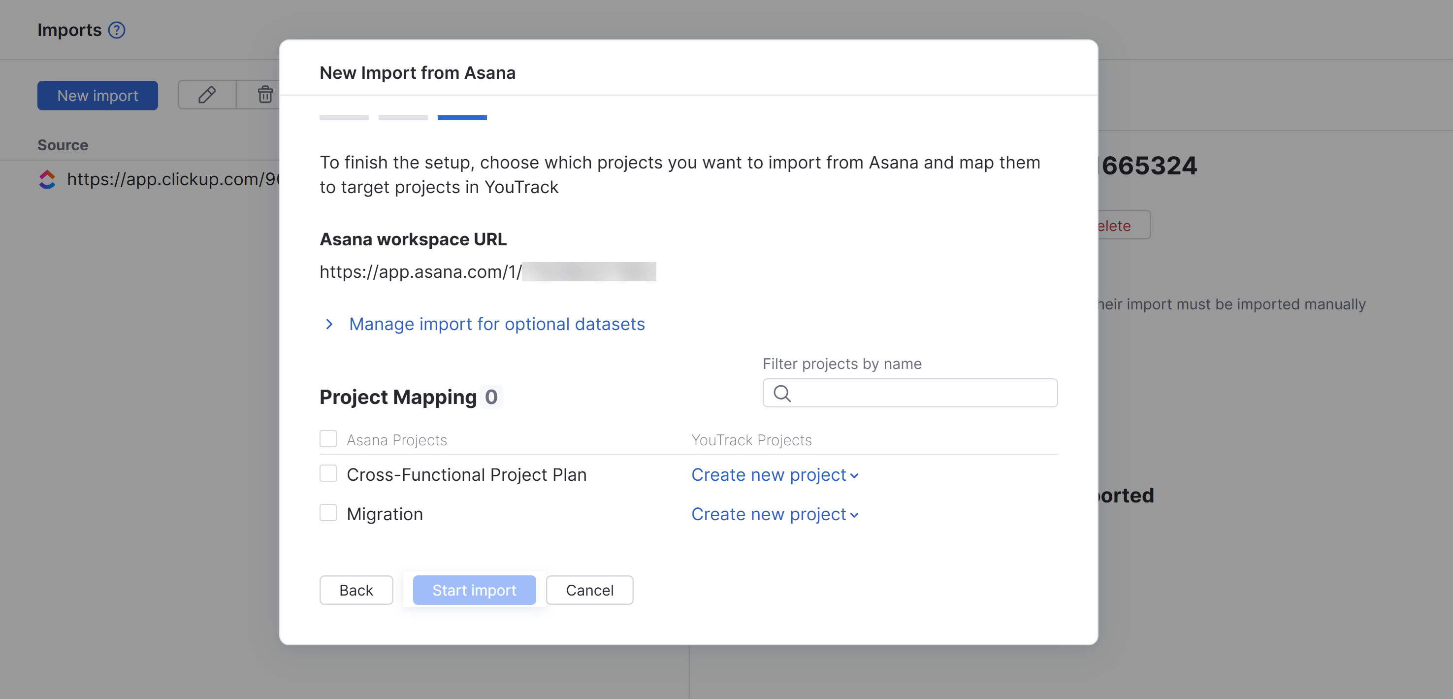 Mapping Asana projects to YouTrack projects during import. Mapping Asana projects to YouTrack projects during import.