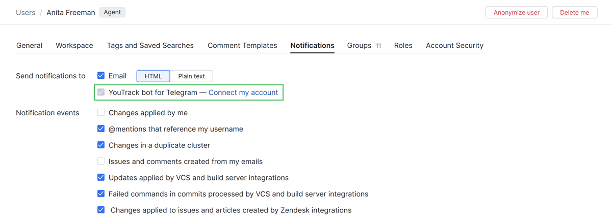 Option to connect with a Telegram account in the notification settings for a YouTrack account. Option to connect with a Telegram account in the notification settings for a YouTrack account.