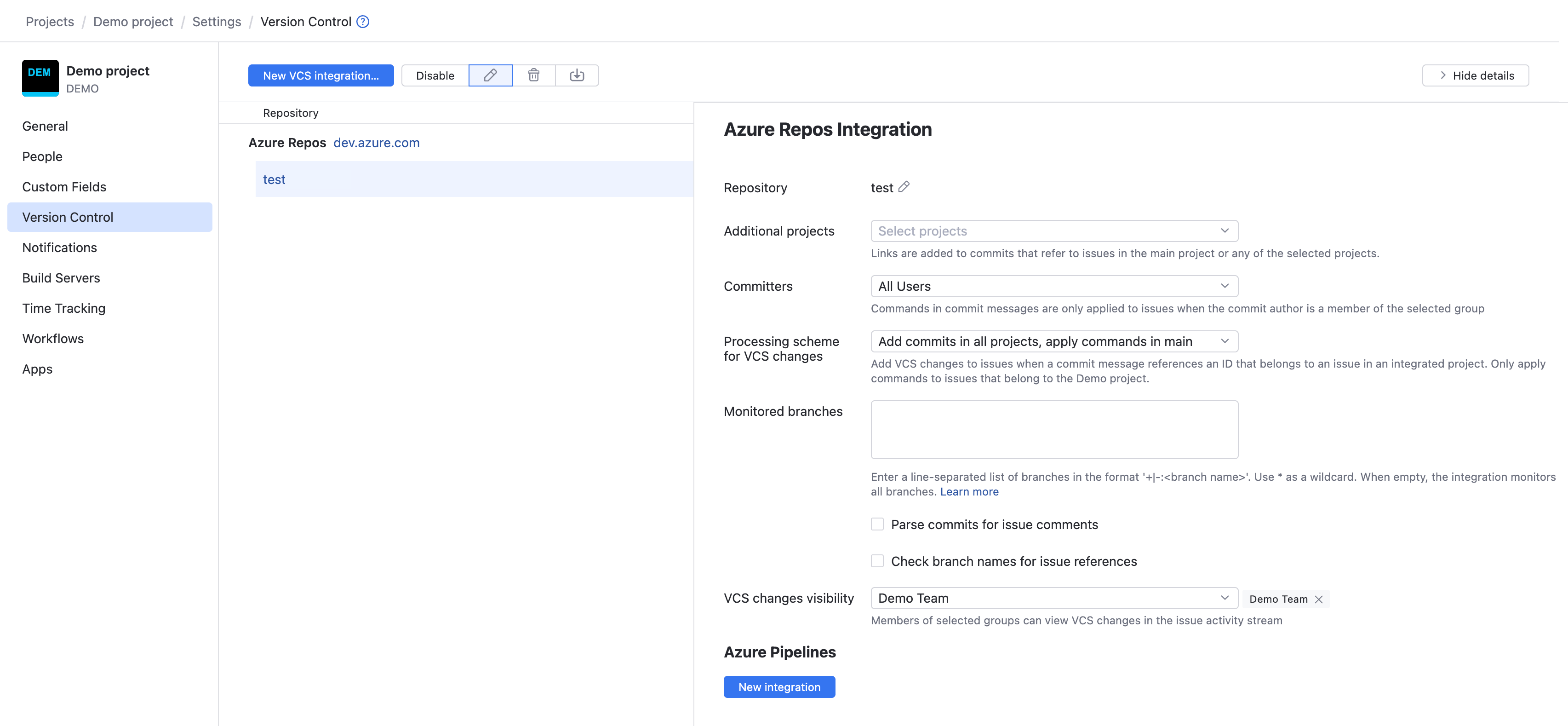 The option to add a new Azure Pipelines integration. The option to add a new Azure Pipelines integration.