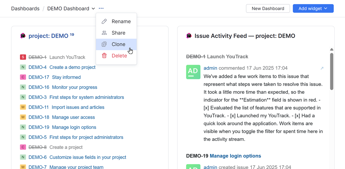 The clone dashboard option. The clone dashboard option.