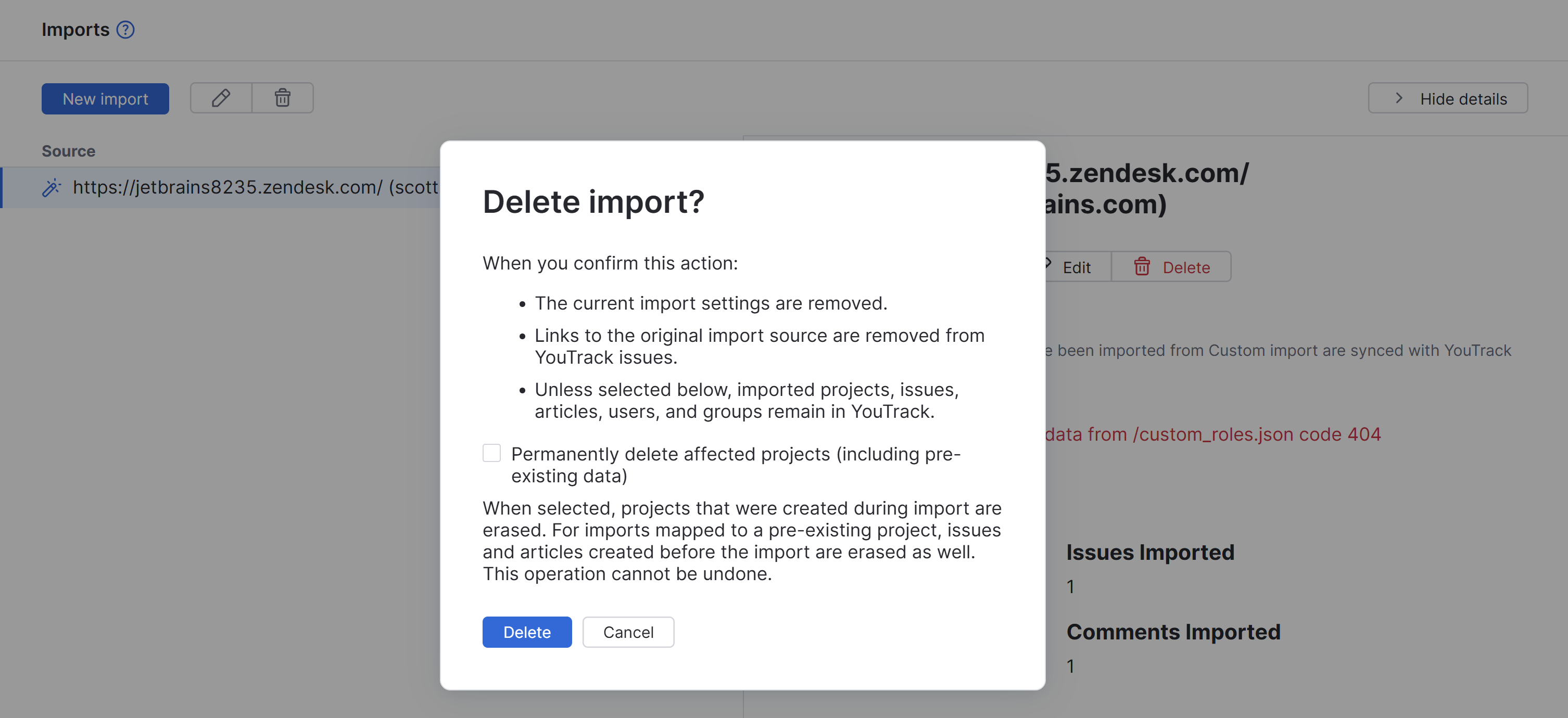 The confirmation dialog for deleting an import client. The confirmation dialog for deleting an import client.