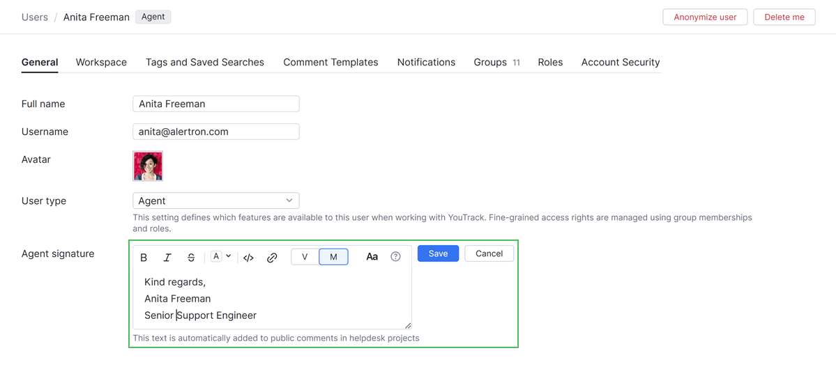 The Agent signature setting in an agent's YouTrack profile. The Agent signature setting in an agent's YouTrack profile.