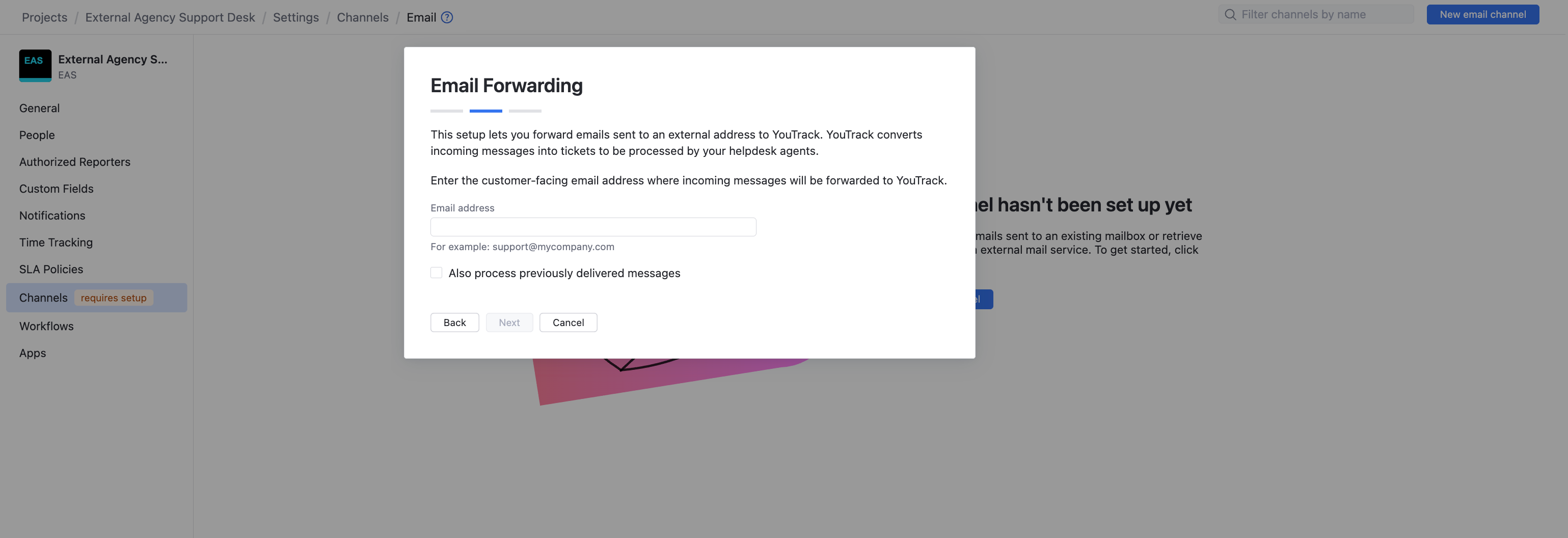 The Email Forwarding dialog. The Email Forwarding dialog.