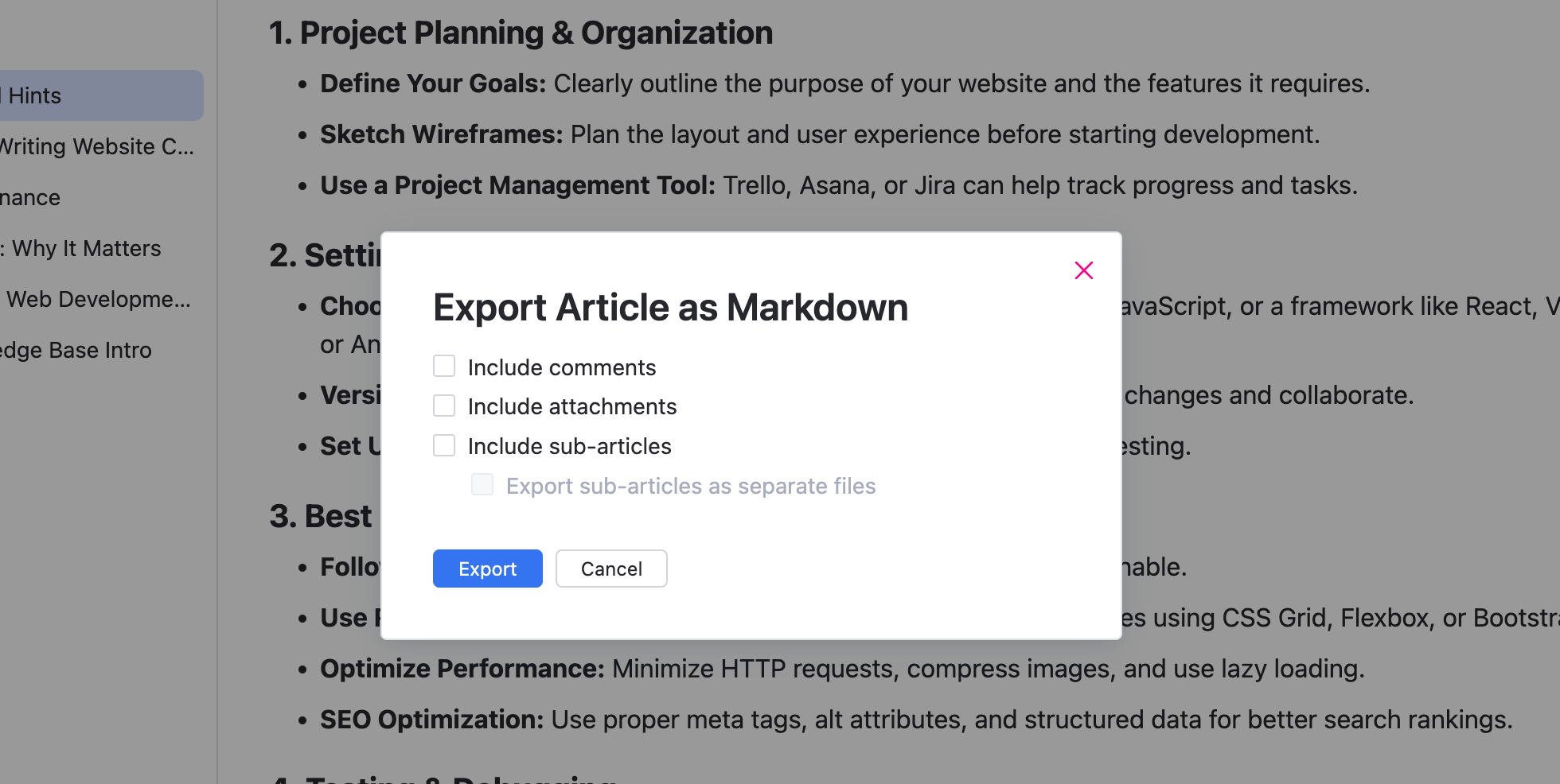 The Export Article as PDF dialog. The Export Article as PDF dialog.