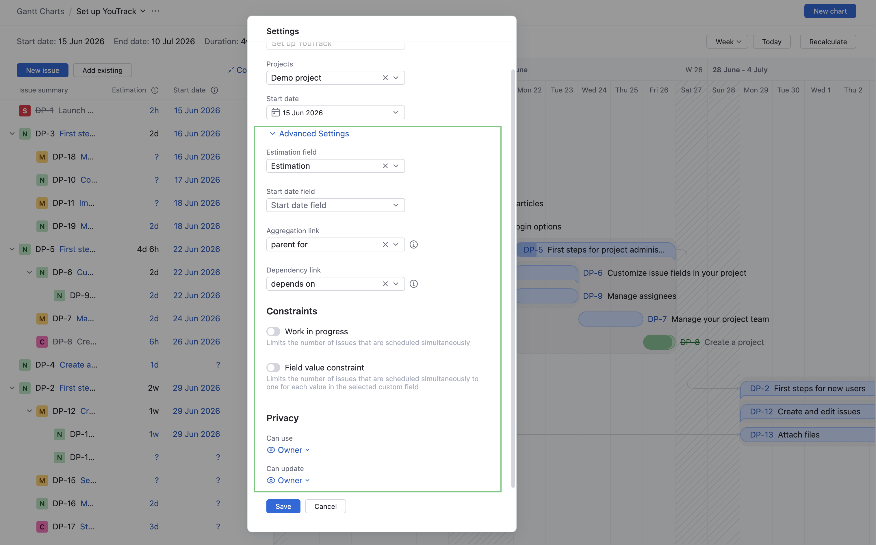 Advanced settings for Gantt charts. Advanced settings for Gantt charts.