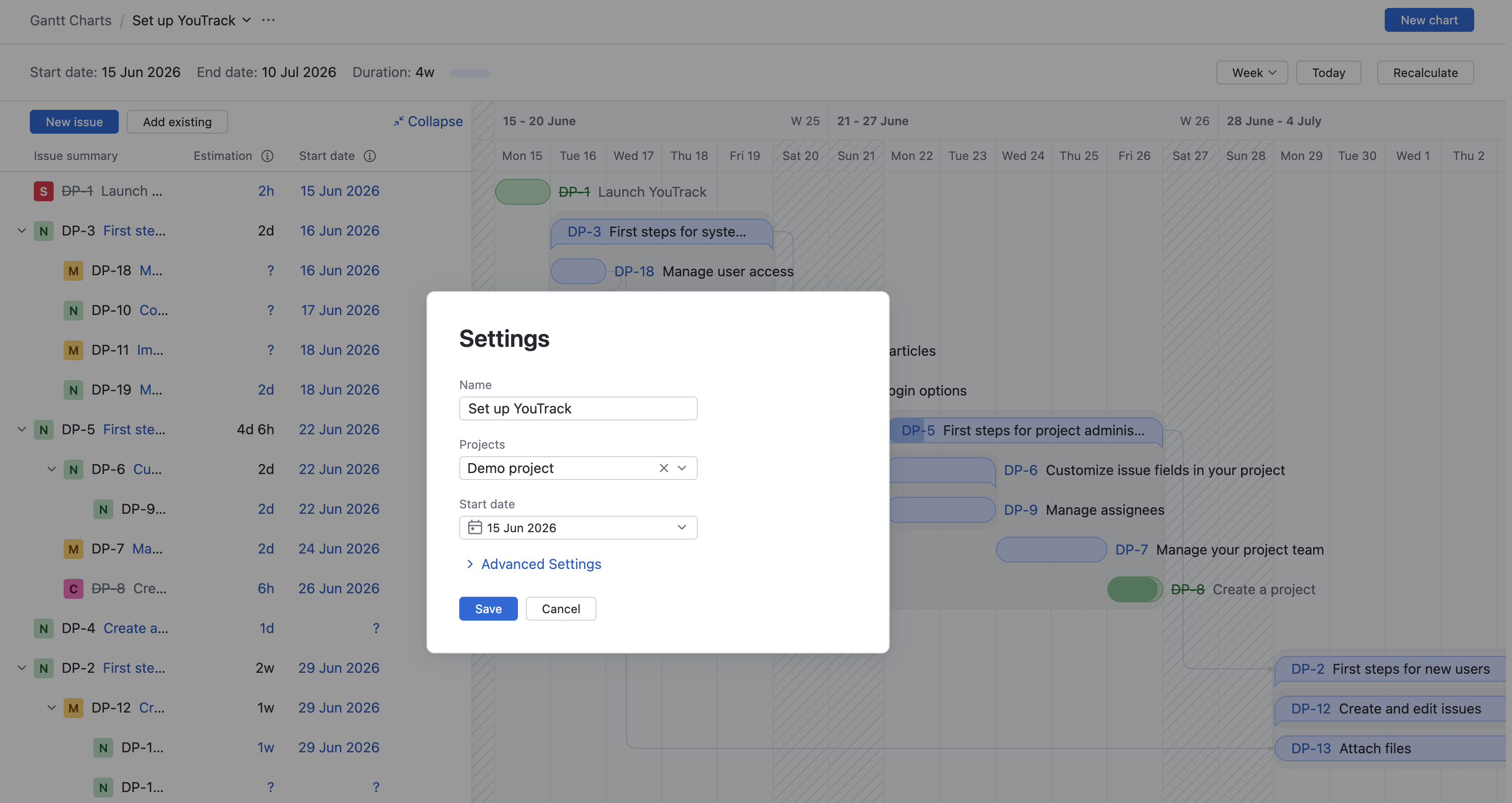 The dialog for adding a new Gantt chart. The dialog for adding a new Gantt chart.