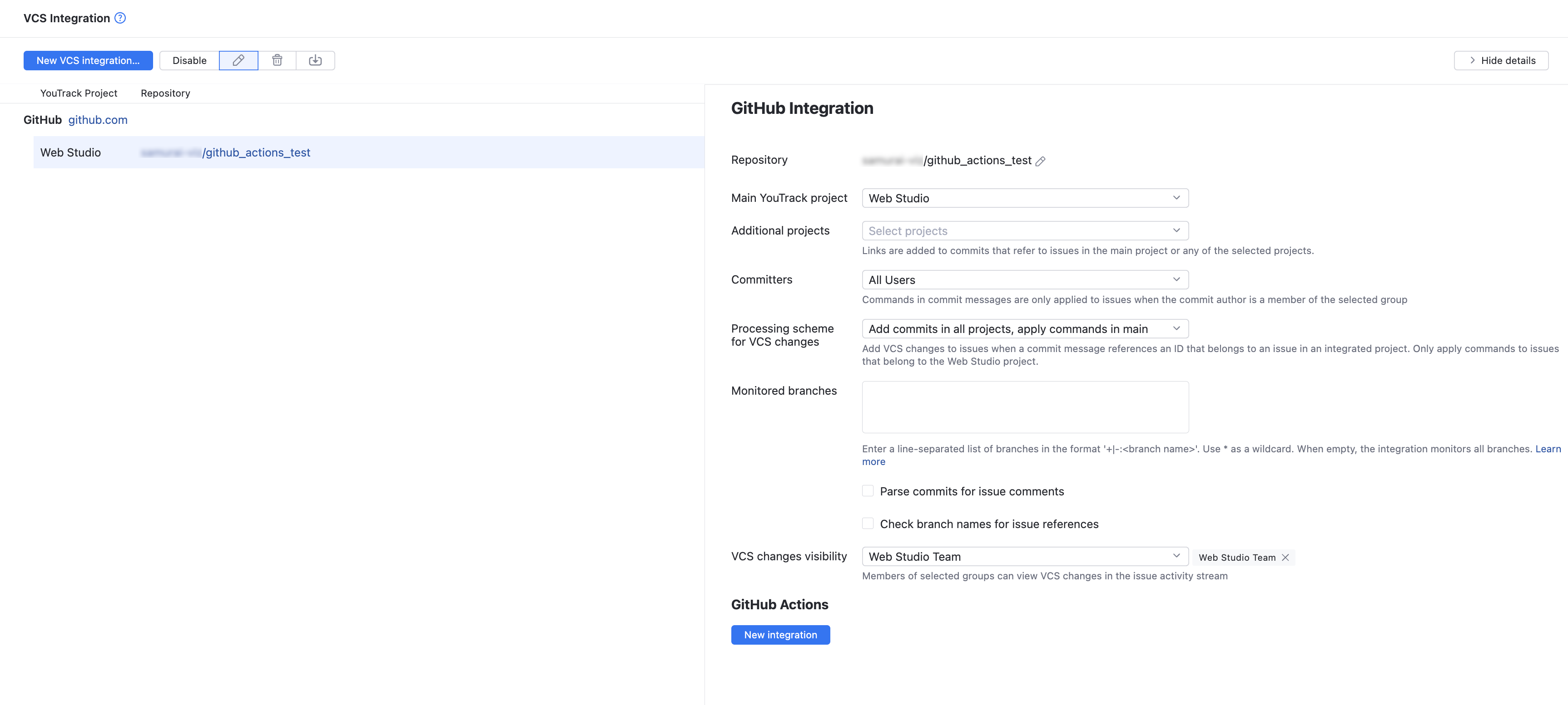 The option to add a new GitHub Actions integration. The option to add a new GitHub Actions integration.