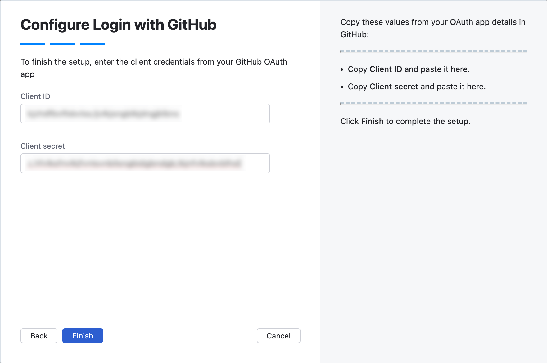 Wizard step for Client ID and Client secret.