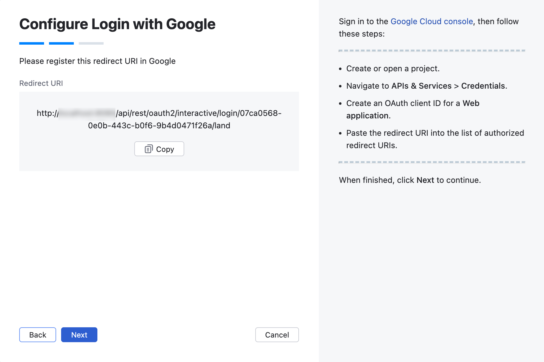 Wizard step with the Google redirect URI.