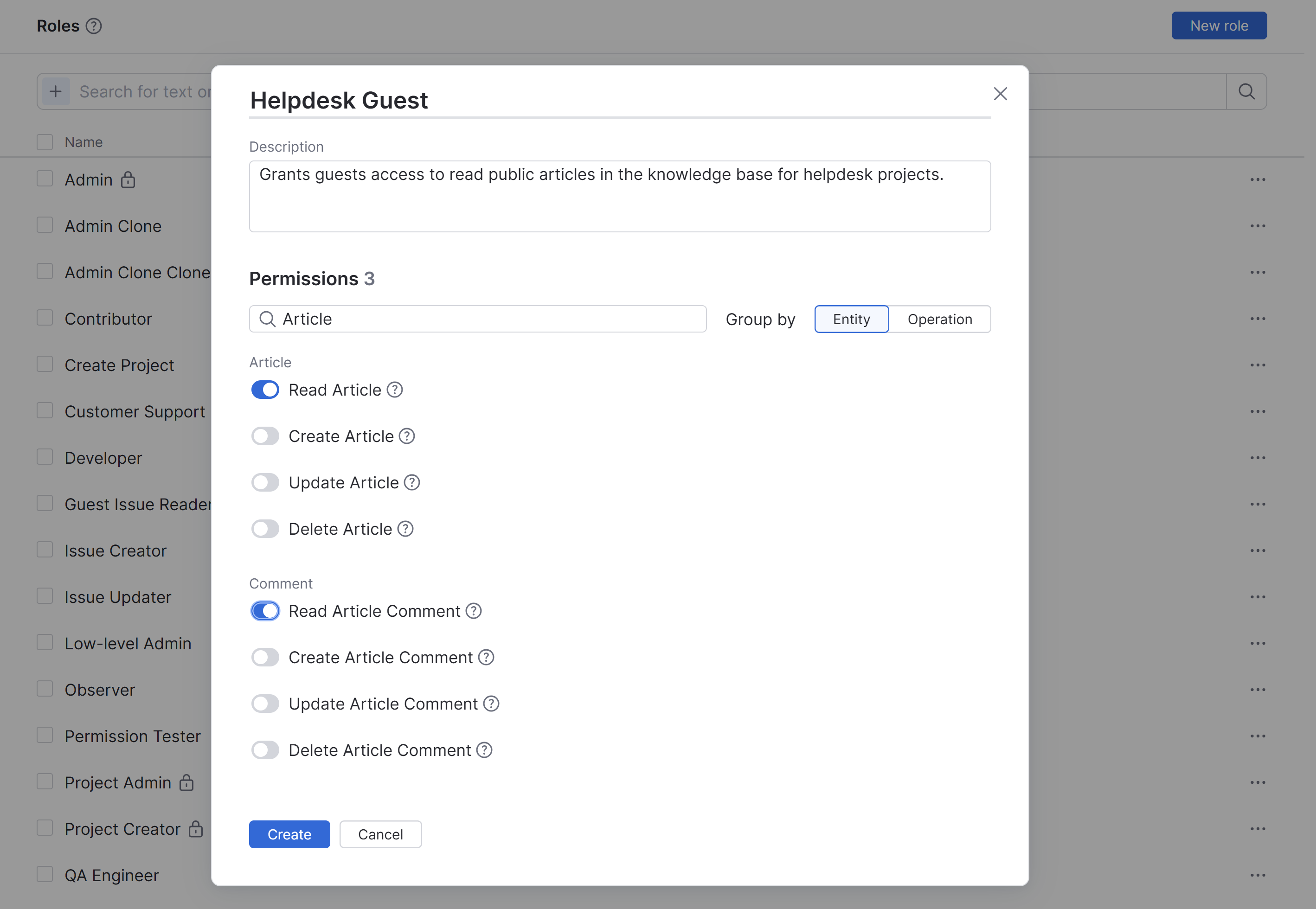 A custom role with permissions for granting access to public articles in a helpdesk project. A custom role with permissions for granting access to public articles in a helpdesk project.