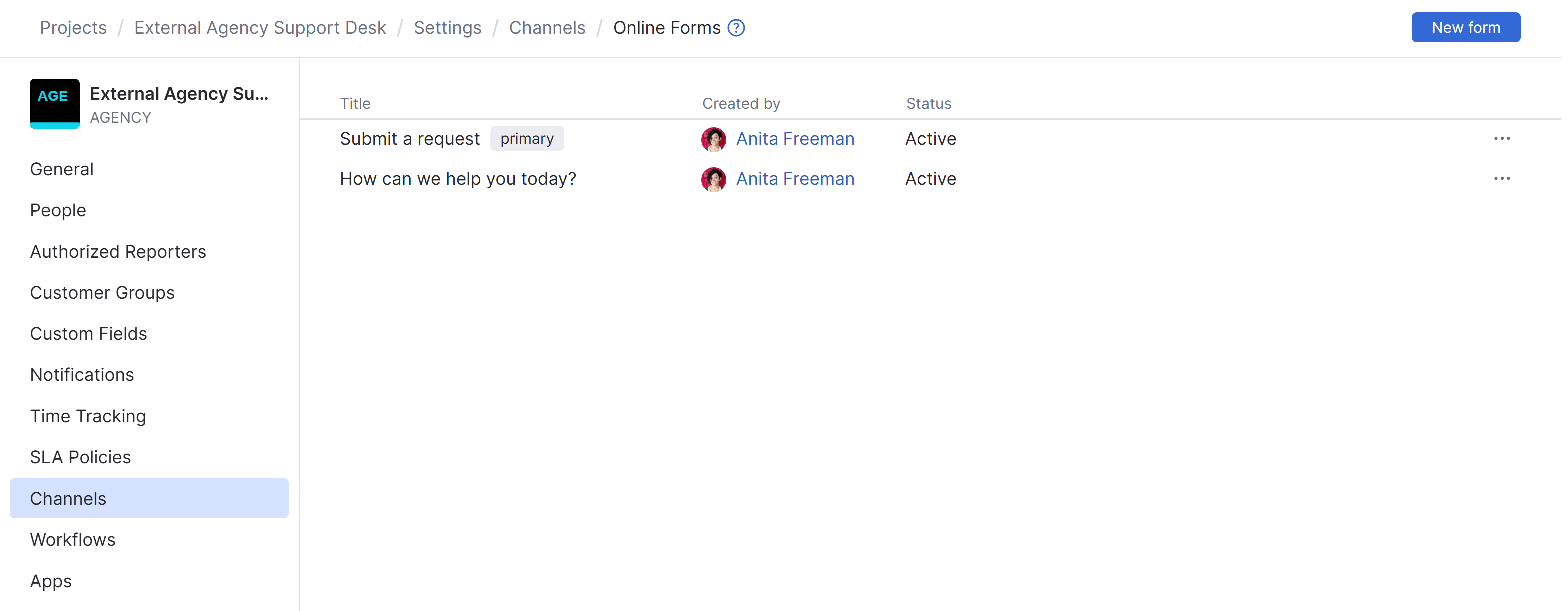 The list of online forms in a helpdesk project. The list of online forms in a helpdesk project.