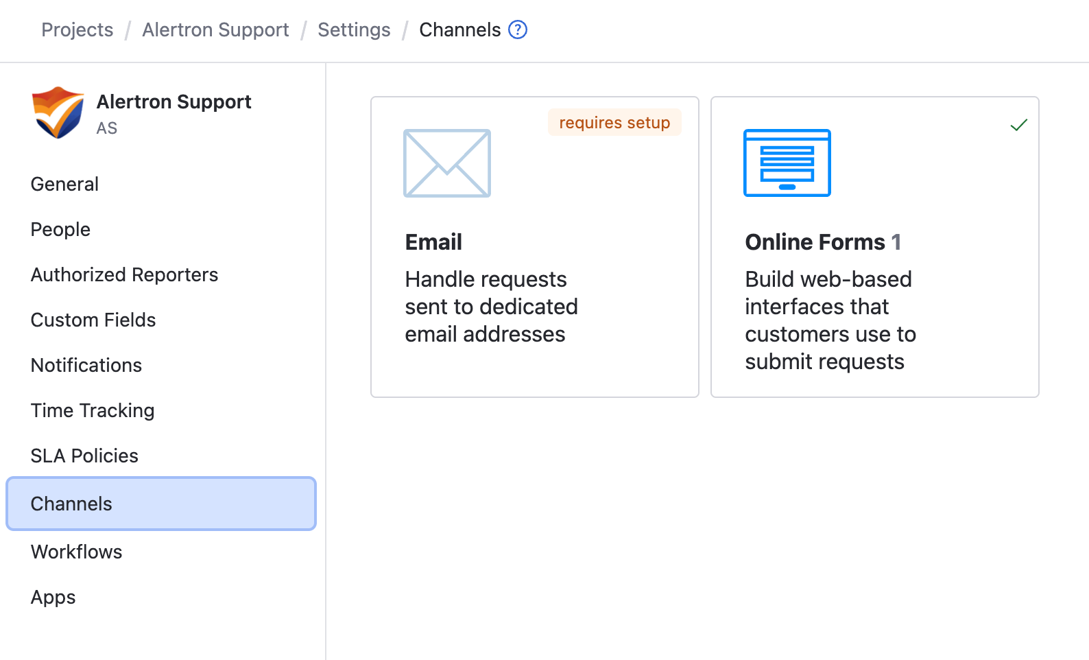 The Channels page in the helpdesk project settings. The Channels page in the helpdesk project settings.