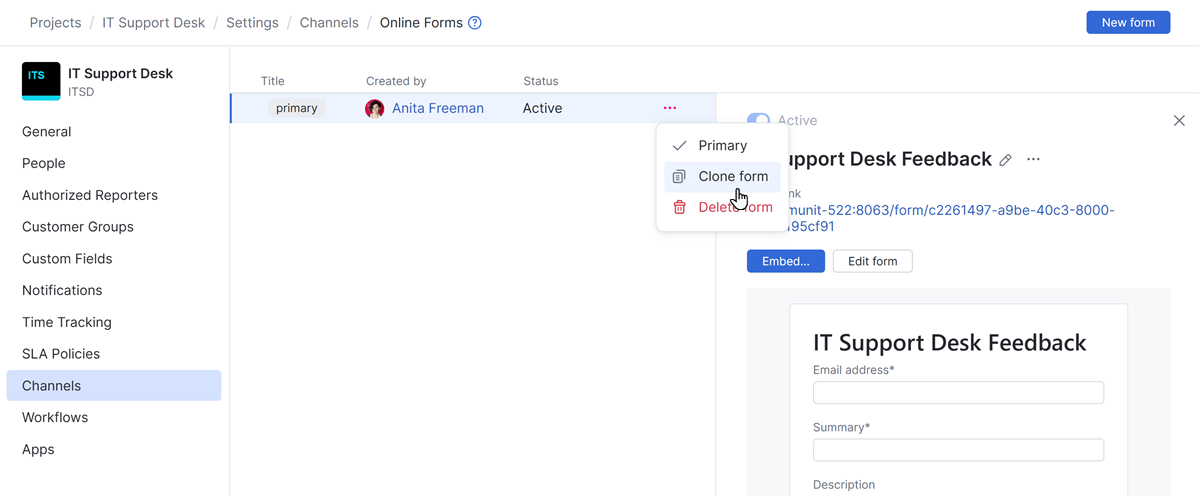 The option to clone form in a helpdesk project. The option to clone form in a helpdesk project.
