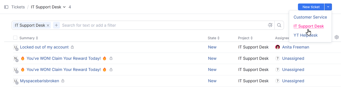 The option to select a form for reporting a new ticket. The option to select a form for reporting a new ticket.